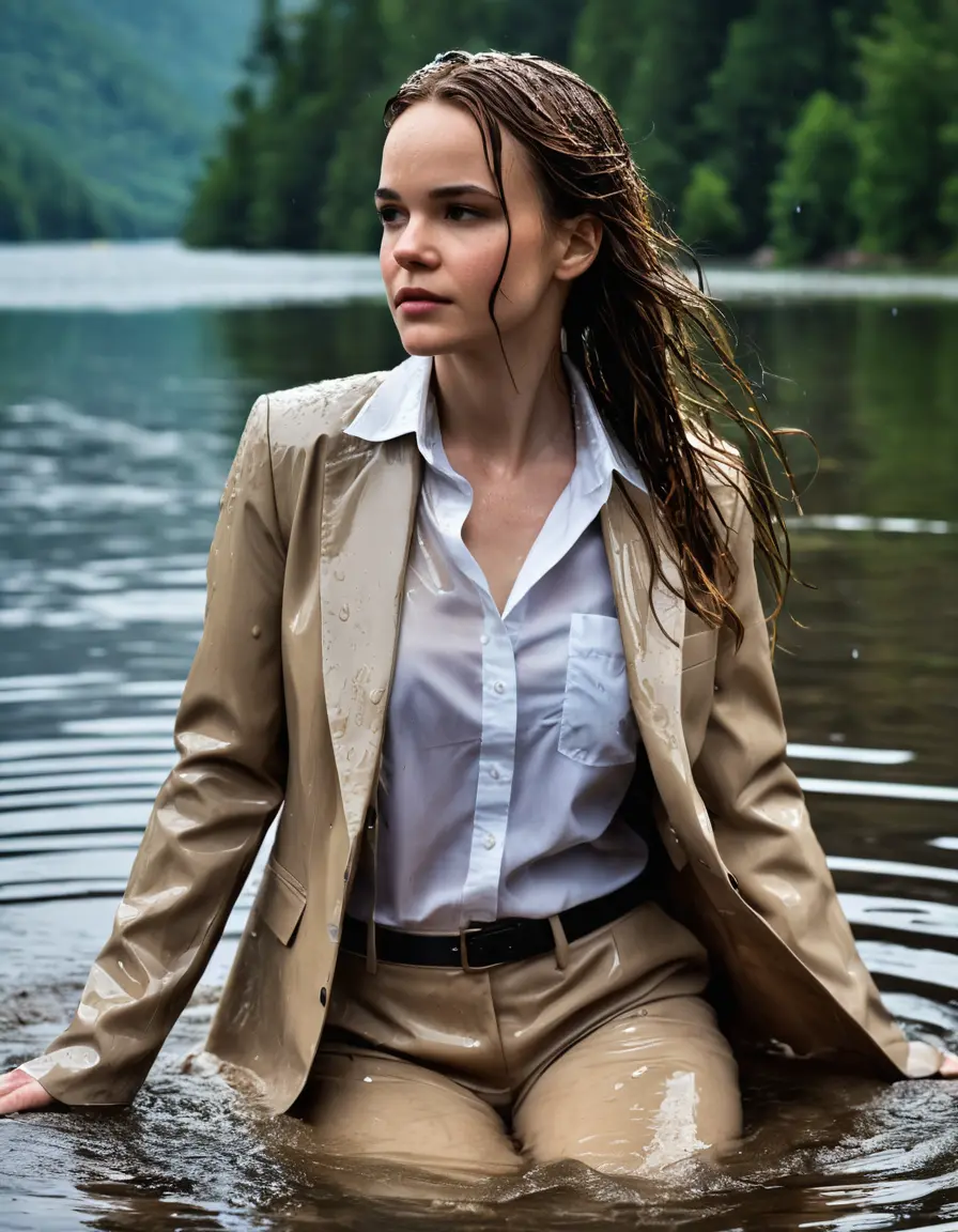 photo of young woman, in soaking wet, drenched clothes,
Beige Business Trouser, Beige Business Suit Jacket with white button down long sleeve business Shirt, Clear deep Mountain Lake, heavy rain, 
enjoying, wet clothes stuck to body,
detailed textures of the wet clothes, wet face, wet plastered hair,
wet, drenched, professional, high-quality details, full body view.
sharp focus, ultra-high pixel detail, realistic, high-quality, full colors, incredibly detailed, 4k, 8k, 16k, hyper-realistic, RAW photo, masterpiece, ultra-detailed, professionally color graded, professional photograph, Danielle Panabaker, completely soaked, fully drenched, completely wet, wetlook, heavy rain, side parting, open hair, long hair, rain storm