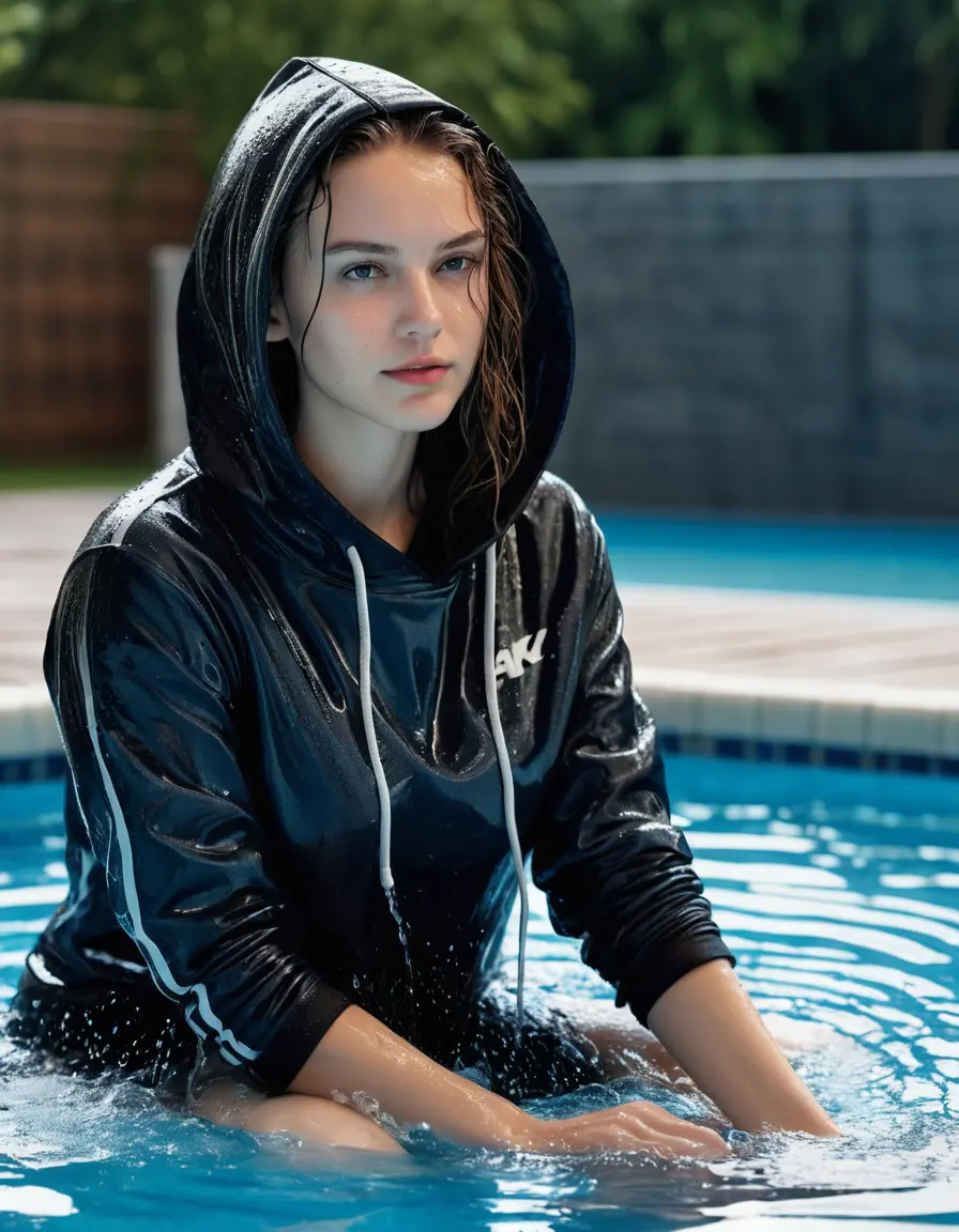 photo of young woman, in soaking wet, drenched clothes,
White sneakers, Blue jeans, Black t-shirt and black hoodie, In the pool, 
enjoying, wet clothes stuck to body,
detailed textures of the wet clothes, wet face, wet plastered hair,
wet, drenched, professional, high-quality details, full body view.
sharp focus, ultra-high pixel detail, realistic, high-quality, full colors, incredibly detailed, 4k, 8k, 16k, hyper-realistic, RAW photo, masterpiece, ultra-detailed, professionally color graded, professional photograph