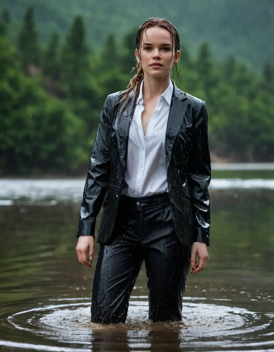 photo of young woman, in soaking wet, drenched clothes,
Black Business Trouser, Black Business Suit Jacket with white button down long sleeve business Shirt, Clear deep Mountain Lake, heavy rain, 
enjoying, wet clothes stuck to body,
detailed textures of the wet clothes, wet face, wet plastered hair,
wet, drenched, professional, high-quality details, full body view.
sharp focus, ultra-high pixel detail, realistic, high-quality, full colors, incredibly detailed, 4k, 8k, 16k, hyper-realistic, RAW photo, masterpiece, ultra-detailed, professionally color graded, professional photograph, Danielle Panabaker, completely soaked, fully drenched, completely wet, wetlook, heavy rain, side parting, open hair, long hair, rain storm