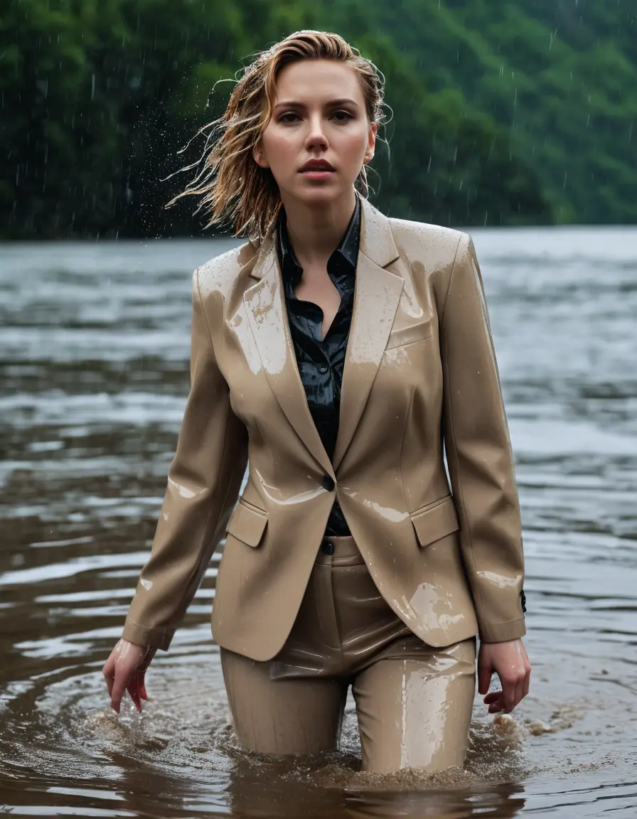 photo of young woman, in soaking wet, drenched clothes,
Beige Business Trouser, Beige Business Suit Jacket with Black button down long sleeve business Shirt, Clear deep Mountain Lake, heavy rain, 
enjoying, wet clothes stuck to body,
detailed textures of the wet clothes, wet face, wet plastered hair,
wet, drenched, professional, high-quality details, full body view.
sharp focus, ultra-high pixel detail, realistic, high-quality, full colors, incredibly detailed, 4k, 8k, 16k, hyper-realistic, RAW photo, masterpiece, ultra-detailed, professionally color graded, professional photograph, Scarlett Johansson, completely soaked, fully drenched, completely wet, wetlook, heavy rain, side parting, open hair, long hair, rain storm