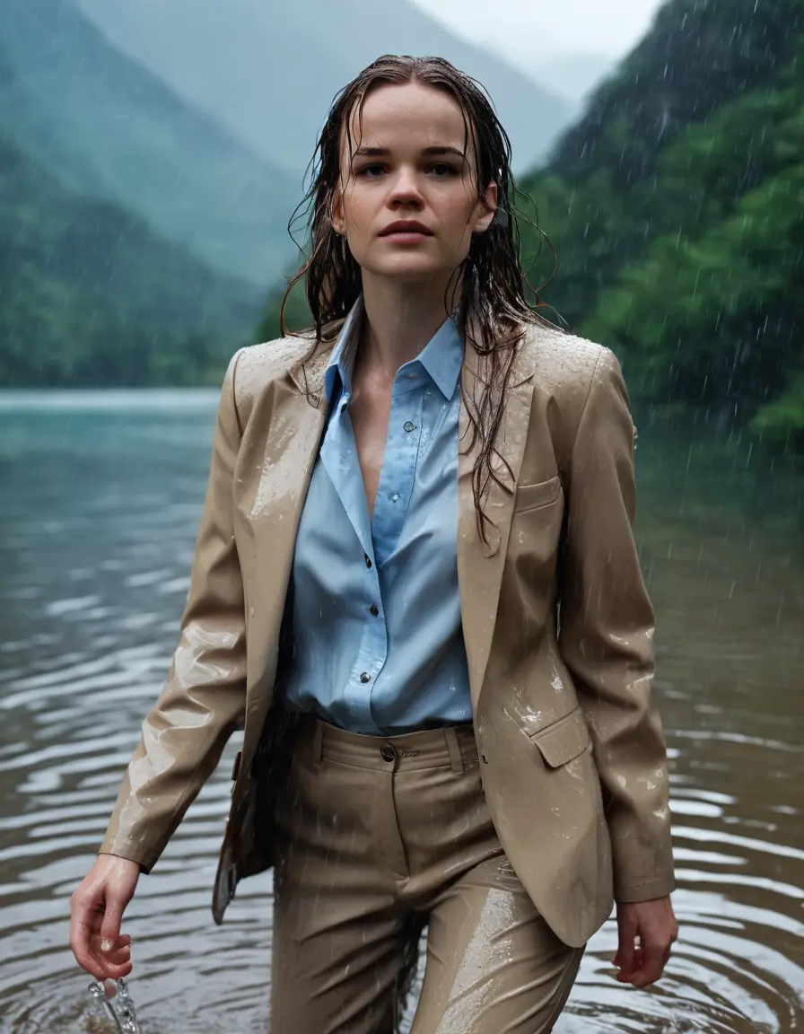 photo of young woman, in soaking wet, drenched clothes,
Beige Business Trouser, Beige Business Suit Jacket with light Blue button down long sleeve business Shirt, Clear deep Mountain Lake, heavy rain, 
enjoying, wet clothes stuck to body,
detailed textures of the wet clothes, wet face, wet plastered hair,
wet, drenched, professional, high-quality details, full body view.
sharp focus, ultra-high pixel detail, realistic, high-quality, full colors, incredibly detailed, 4k, 8k, 16k, hyper-realistic, RAW photo, masterpiece, ultra-detailed, professionally color graded, professional photograph, Danielle Panabaker, completely soaked, fully drenched, completely wet, wetlook, heavy rain, side parting, open hair, long hair, rain storm