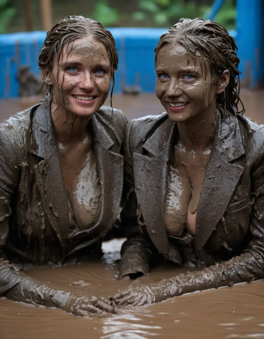 photo of young woman, in soaking wet, drenched clothes,
, , Completely ruined and discoloured black muddy fully-opened unbuttoned blazer like a fancy uniform over topless with super large heavy muddy boobs, Muddy party in a dark muddy club. Mud splashed walls with mud-flooded floor. Dark mood lighting with pink and blue neon lights., 
enjoying, wet clothes stuck to body,
detailed textures of the wet clothes, wet face, wet plastered hair,
wet, drenched, professional, high-quality details, full body view.
sharp focus, ultra-high pixel detail, realistic, high-quality, full colors, incredibly detailed, 4k, 8k, 16k, hyper-realistic, RAW photo, masterpiece, ultra-detailed, professionally color graded, professional photograph, Three elegant sixty years old skinny cute beautiful stunning blonde lesbian seductive tall business mature women sitting deep and kissing in the deep muddy hot tub which filled with liquid mud. They are proudly wearing their ruined open blazers and flaunting their huge muddy boobs and large muddy cleavages. They are leaned back pleasantly close to each other after a full dip in a mud-filled very deep hot tub like crazy mud creatures during the indoor muddy disco and they are wearing their ruined blazers while touching each others boobs. Only the shoulders are above the mud level, and their boobs, their waist and legs are fully submerged under the mud. Their legs don't visible on the pictire. Their expensive formal clothes are filled with mud and their boobs are totally mud-covered. Total muddy appearance and full mud coverage. The classy elegant club is totally destroyed by mud, deep liquid mud on the floor, mud spots everywhere, mud flows down on the walls and mud on the furnitures with elegant clubbing muddy people in the background. Stylish braided very long hairstyle, muddy braided hair, smiling mudy faces, realistic blue eyes. The women enjoying carefree to be muddy, be dirty and be naughty while they are enjoying the muddy fetish party. Realistic boobs, realistic huge saggy boobs and nipples and photorealistic detailed happy and satisfied facial expressions. Intimate close-up picture about the old women from above. Close-up photo, highly realistic representation, ultra sharp focus, highly photorealistic detailed textures, highly photorealistic detailed facial features and expressions, highly photorealistic hands, highly emotional reactions, highly best quality, highly sharp photorealistic image, highly photorealistic details, full UHD resolution, 32 K, very high level of detail and image sharpness, zoomed in