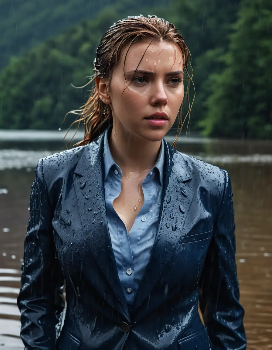 photo of young woman, in soaking wet, drenched clothes,
Dark Blue Business Trouser, Dark Blue Business Suit Jacket with Light Blue button down long sleeve business Shirt, Clear deep Mountain Lake, heavy rain, 
enjoying, wet clothes stuck to body,
detailed textures of the wet clothes, wet face, wet plastered hair,
wet, drenched, professional, high-quality details, full body view.
sharp focus, ultra-high pixel detail, realistic, high-quality, full colors, incredibly detailed, 4k, 8k, 16k, hyper-realistic, RAW photo, masterpiece, ultra-detailed, professionally color graded, professional photograph, Scarlett Johansson, completely soaked, fully drenched, completely wet, wetlook, heavy rain, side parting, open hair, long hair, rain storm