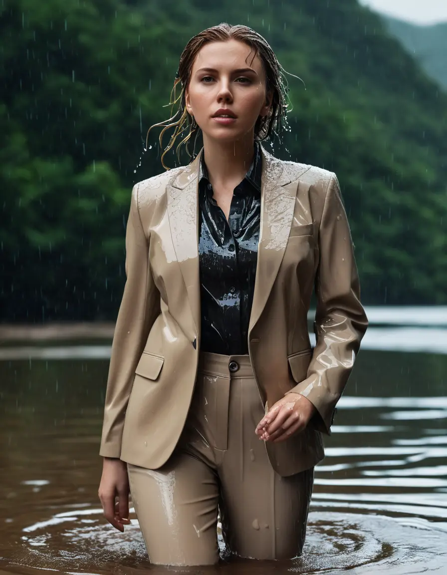 photo of young woman, in soaking wet, drenched clothes,
Beige Business Trouser, Beige Business Suit Jacket with Black button down long sleeve business Shirt, Clear deep Mountain Lake, heavy rain, 
enjoying, wet clothes stuck to body,
detailed textures of the wet clothes, wet face, wet plastered hair,
wet, drenched, professional, high-quality details, full body view.
sharp focus, ultra-high pixel detail, realistic, high-quality, full colors, incredibly detailed, 4k, 8k, 16k, hyper-realistic, RAW photo, masterpiece, ultra-detailed, professionally color graded, professional photograph, Scarlett Johansson, completely soaked, fully drenched, completely wet, wetlook, heavy rain, side parting, open hair, long hair, rain storm