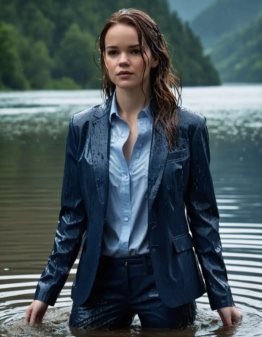 photo of young woman, in soaking wet, drenched clothes,
Dark Blue Business Trouser, Dark Blue Business Suit Jacket with light Blue button down long sleeve business Shirt, Clear deep Mountain Lake, heavy rain, 
enjoying, wet clothes stuck to body,
detailed textures of the wet clothes, wet face, wet plastered hair,
wet, drenched, professional, high-quality details, full body view.
sharp focus, ultra-high pixel detail, realistic, high-quality, full colors, incredibly detailed, 4k, 8k, 16k, hyper-realistic, RAW photo, masterpiece, ultra-detailed, professionally color graded, professional photograph, Danielle Panabaker, completely soaked, fully drenched, completely wet, wetlook, heavy rain, side parting, open hair, long hair, rain storm