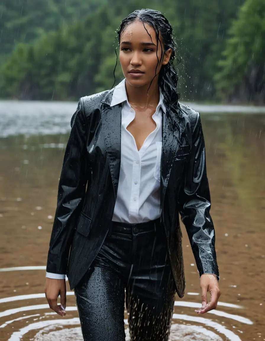 photo of young woman, in soaking wet, drenched clothes,
Black Business Trouser, Black Business Suit Jacket with white button down long sleeve business Shirt, Clear deep Mountain Lake, heavy rain, 
enjoying, wet clothes stuck to body,
detailed textures of the wet clothes, wet face, wet plastered hair,
wet, drenched, professional, high-quality details, full body view.
sharp focus, ultra-high pixel detail, realistic, high-quality, full colors, incredibly detailed, 4k, 8k, 16k, hyper-realistic, RAW photo, masterpiece, ultra-detailed, professionally color graded, professional photograph, Candice Patton, completely soaked, fully drenched, completely wet, wetlook, heavy rain, side parting, open hair, long hair, rain storm