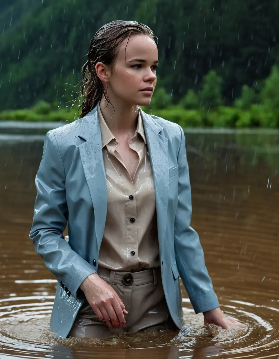 photo of young woman, in soaking wet, drenched clothes,
Beige Business Trouser, Beige Business Suit Jacket with light Blue button down long sleeve business Shirt, Clear deep Mountain Lake, heavy rain, 
enjoying, wet clothes stuck to body,
detailed textures of the wet clothes, wet face, wet plastered hair,
wet, drenched, professional, high-quality details, full body view.
sharp focus, ultra-high pixel detail, realistic, high-quality, full colors, incredibly detailed, 4k, 8k, 16k, hyper-realistic, RAW photo, masterpiece, ultra-detailed, professionally color graded, professional photograph, Danielle Panabaker, completely soaked, fully drenched, completely wet, wetlook, heavy rain, side parting, open hair, long hair, rain storm