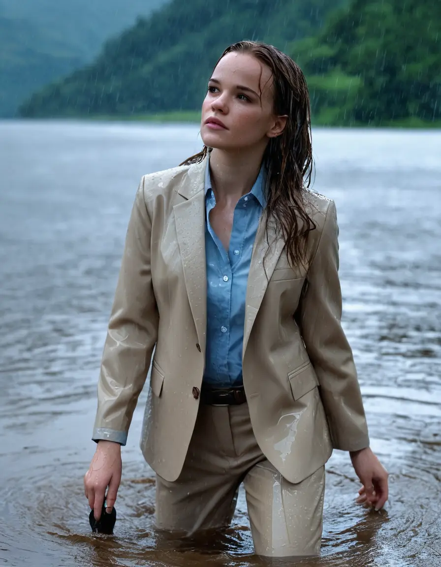 photo of young woman, in soaking wet, drenched clothes,
Beige Business Trouser, Beige Business Suit Jacket with light Blue button down long sleeve business Shirt, Clear deep Mountain Lake, heavy rain, 
enjoying, wet clothes stuck to body,
detailed textures of the wet clothes, wet face, wet plastered hair,
wet, drenched, professional, high-quality details, full body view.
sharp focus, ultra-high pixel detail, realistic, high-quality, full colors, incredibly detailed, 4k, 8k, 16k, hyper-realistic, RAW photo, masterpiece, ultra-detailed, professionally color graded, professional photograph, Danielle Panabaker, completely soaked, fully drenched, completely wet, wetlook, heavy rain, side parting, open hair, long hair, rain storm