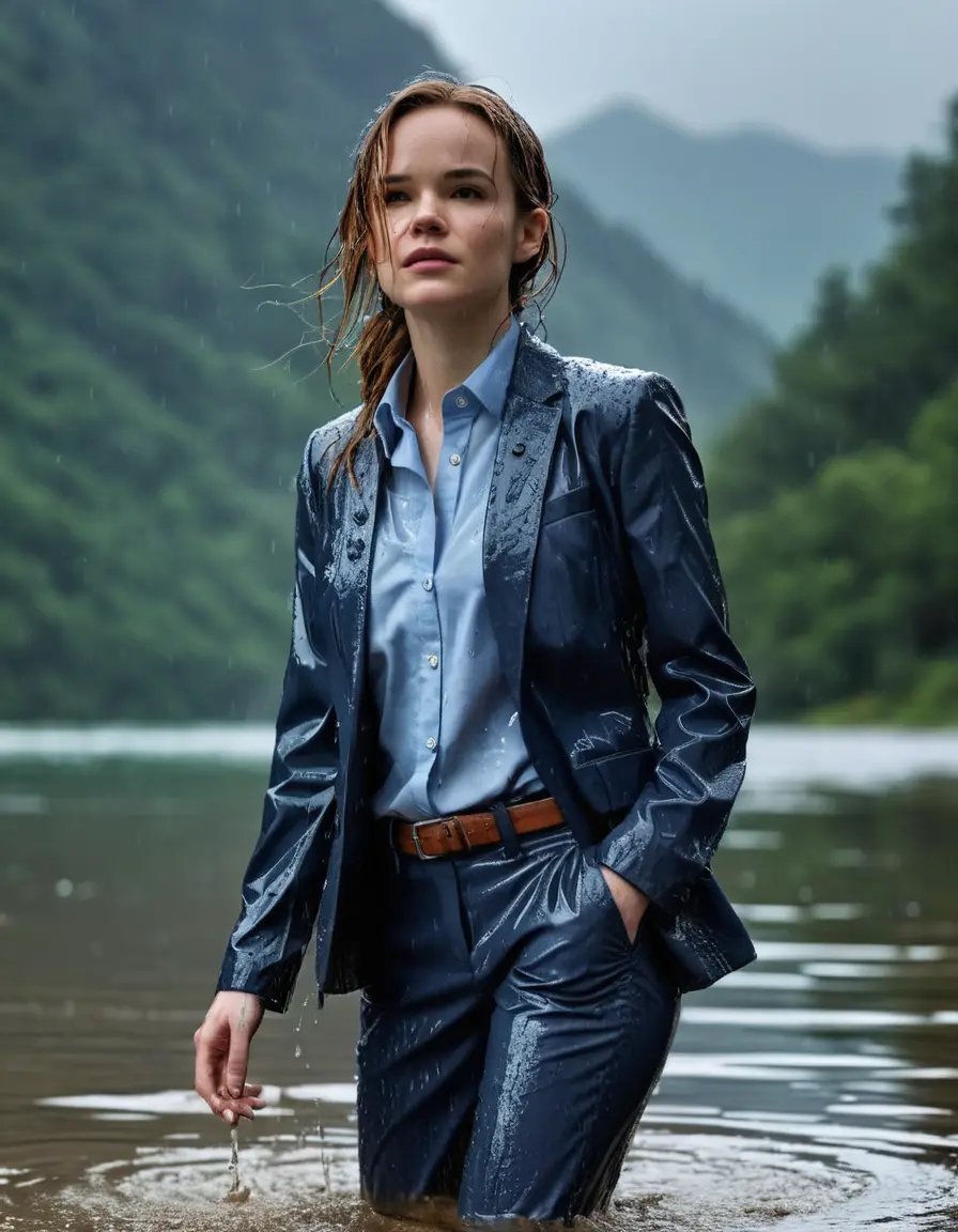 photo of young woman, in soaking wet, drenched clothes,
Dark Blue Business Trouser, Dark Blue Business Suit Jacket with light Blue button down long sleeve business Shirt, Clear deep Mountain Lake, heavy rain, 
enjoying, wet clothes stuck to body,
detailed textures of the wet clothes, wet face, wet plastered hair,
wet, drenched, professional, high-quality details, full body view.
sharp focus, ultra-high pixel detail, realistic, high-quality, full colors, incredibly detailed, 4k, 8k, 16k, hyper-realistic, RAW photo, masterpiece, ultra-detailed, professionally color graded, professional photograph, Danielle Panabaker, completely soaked, fully drenched, completely wet, wetlook, heavy rain, side parting, open hair, long hair, rain storm