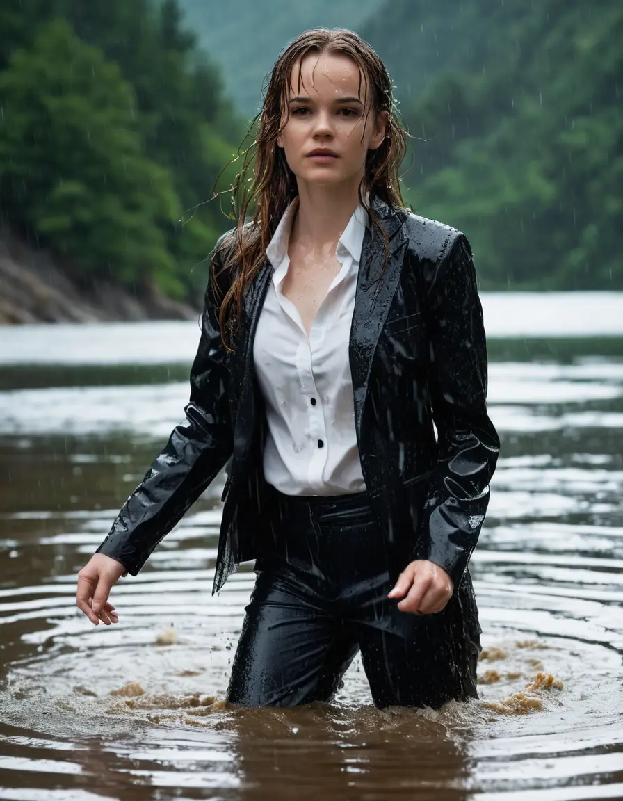 photo of young woman, in soaking wet, drenched clothes,
Black Business Trouser, Black Business Suit Jacket with white button down long sleeve business Shirt, Clear deep Mountain Lake, heavy rain, 
enjoying, wet clothes stuck to body,
detailed textures of the wet clothes, wet face, wet plastered hair,
wet, drenched, professional, high-quality details, full body view.
sharp focus, ultra-high pixel detail, realistic, high-quality, full colors, incredibly detailed, 4k, 8k, 16k, hyper-realistic, RAW photo, masterpiece, ultra-detailed, professionally color graded, professional photograph, Danielle Panabaker, completely soaked, fully drenched, completely wet, wetlook, heavy rain, side parting, open hair, long hair, rain storm