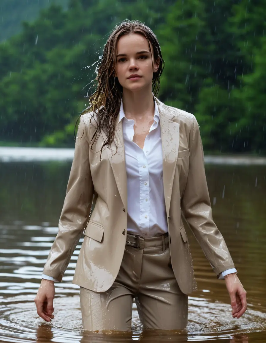 photo of young woman, in soaking wet, drenched clothes,
Beige Business Trouser, Beige Business Suit Jacket with white button down long sleeve business Shirt, Clear deep Mountain Lake, heavy rain, 
enjoying, wet clothes stuck to body,
detailed textures of the wet clothes, wet face, wet plastered hair,
wet, drenched, professional, high-quality details, full body view.
sharp focus, ultra-high pixel detail, realistic, high-quality, full colors, incredibly detailed, 4k, 8k, 16k, hyper-realistic, RAW photo, masterpiece, ultra-detailed, professionally color graded, professional photograph, Danielle Panabaker, completely soaked, fully drenched, completely wet, wetlook, heavy rain, side parting, open hair, long hair, rain storm