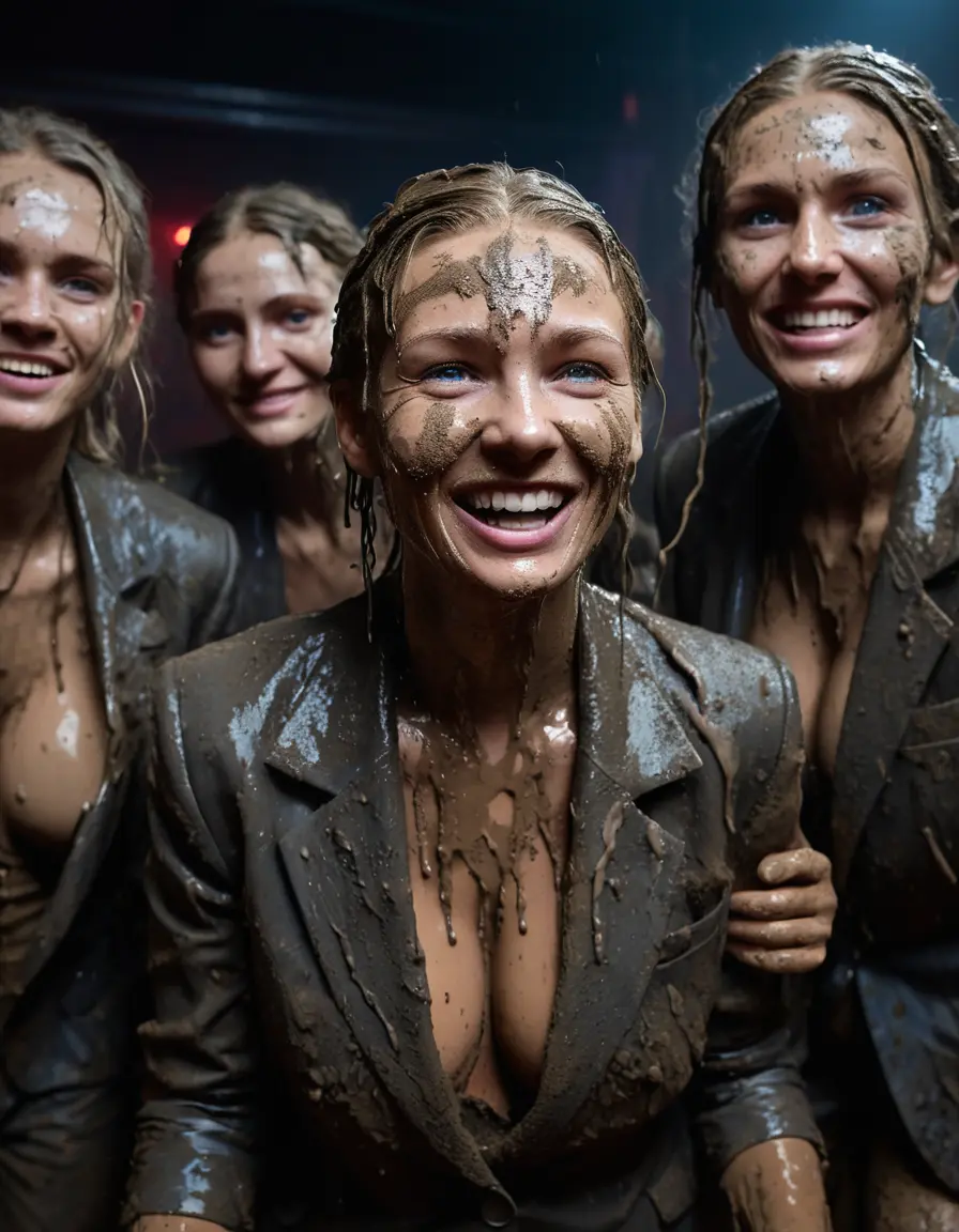 photo of young woman, in soaking wet, drenched clothes,
, , Completely ruined and discoloured black muddy fully-opened unbuttoned blazer like a fancy uniform over topless with super large heavy muddy boobs, Muddy party in a dark muddy club. Mud splashed walls with mud-flooded floor. Dark mood lighting with pink and blue neon lights., 
enjoying, wet clothes stuck to body,
detailed textures of the wet clothes, wet face, wet plastered hair,
wet, drenched, professional, high-quality details, full body view.
sharp focus, ultra-high pixel detail, realistic, high-quality, full colors, incredibly detailed, 4k, 8k, 16k, hyper-realistic, RAW photo, masterpiece, ultra-detailed, professionally color graded, professional photograph, Three elegant sixty years old skinny cute beautiful stunning blonde lesbian seductive tall business mature women standing in the middle of the muddy dancefloor and the hot creamy liquid mud falling down from above over them. They are proudly wearing their ruined open blazers and flaunting their huge muddy boobs and large muddy cleavages. They are having a muddy shower and playing like crazy mud creatures during the indoor muddy disco and they are wearing their ruined blazers while touching each others boobs. Their expensive formal clothes are filled with mud and their boobs are totally mud-covered. Total muddy appearance and full mud coverage. The classy elegant club is totally destroyed by mud, deep liquid mud on the floor, mud spots everywhere, mud flows down on the walls and mud on the furnitures with elegant clubbing muddy people in the background. Stylish braided very long hairstyle, muddy braided hair, smiling mudy faces, realistic blue eyes. The women enjoying carefree to be muddy, be dirty and be naughty while they are enjoying the muddy fetish party. Realistic boobs, realistic huge saggy boobs and nipples and photorealistic detailed happy and satisfied facial expressions. Intimate close-up picture about the old women from above. Close-up photo, highly realistic representation, ultra sharp focus, highly photorealistic detailed textures, highly photorealistic detailed facial features and expressions, highly photorealistic hands, highly emotional reactions, highly best quality, highly sharp photorealistic image, highly photorealistic details, full UHD resolution, 32 K, very high level of detail and image sharpness, zoomed in