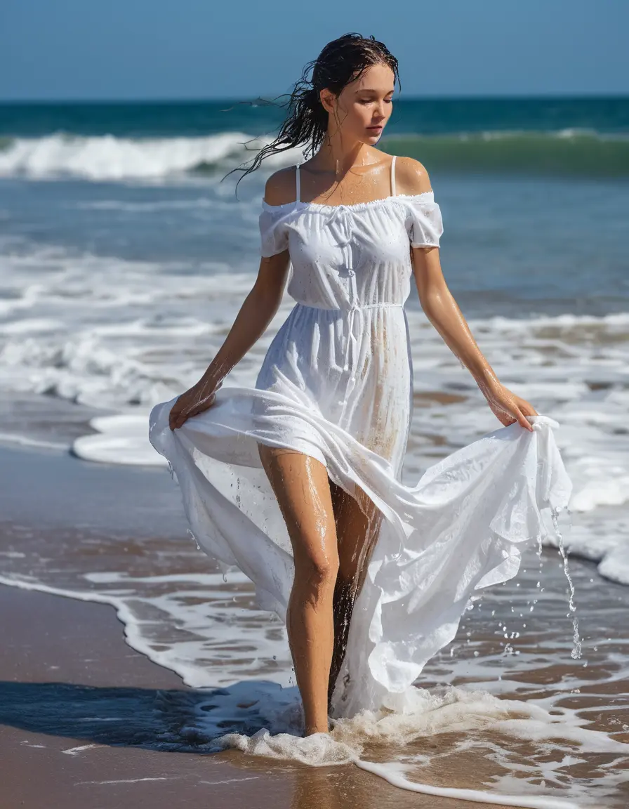 photo of young woman, in soaking wet, drenched clothes,
heels, white coton dress, white dress, beach, 
enjoying, wet clothes stuck to body,
detailed textures of the wet clothes, wet face, wet plastered hair,
wet, drenched, professional, high-quality details, full body view.
sharp focus, ultra-high pixel detail, realistic, high-quality, full colors, incredibly detailed, 4k, 8k, 16k, hyper-realistic, RAW photo, masterpiece, ultra-detailed, professionally color graded, professional photograph, Standing, clinching, no split