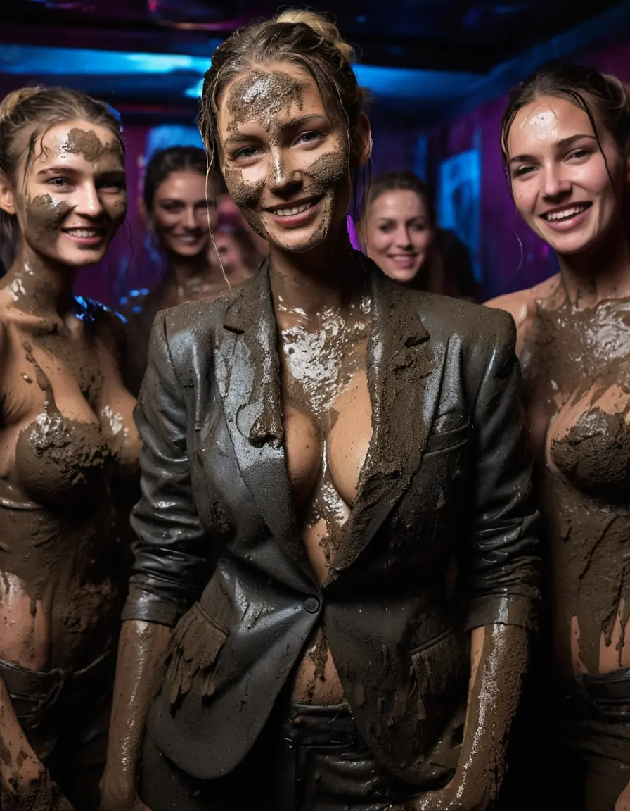 photo of young woman, in soaking wet, drenched clothes,
Black very high heels, Total muddy black suit pants, Completely ruined and discoloured black muddy fully-opened unbuttoned blazer like a fancy uniform over topless with super large heavy muddy boobs, Muddy party in a dark muddy club. Mud splashed walls with mud-flooded floor. Dark mood lighting with pink and blue neon lights., 
enjoying, wet clothes stuck to body,
detailed textures of the wet clothes, wet face, wet plastered hair,
wet, drenched, professional, high-quality details, full body view.
sharp focus, ultra-high pixel detail, realistic, high-quality, full colors, incredibly detailed, 4k, 8k, 16k, hyper-realistic, RAW photo, masterpiece, ultra-detailed, professionally color graded, professional photograph, Three elegant sixty years old skinny cute beautiful stunning blonde lesbian seductive tall business mature women standing in the middle of the muddy dancefloor during a lesbian muddy orgy in the muddy disco. They are proudly wearing their ruined open blazers and flaunting their huge muddy boobs and large muddy cleavages. They are playing, splashing and wallowing together like crazy bizarre mud creatures during the indoor muddy disco and they are wearing their ruined blazers while touching each others boobs. Their expensive formal clothes are filled with mud and their boobs are totally mud-covered. Total muddy appearance and full mud coverage. The classy elegant club is totally destroyed by mud, deep liquid mud on the floor, mud spots everywhere, mud flows down on the walls and mud on the furnitures with elegant clubbing muddy people in the background. Stylish braided very long hairstyle, muddy braided hair, smiling mudy faces, realistic blue eyes. The women enjoying carefree to be muddy, be dirty and be naughty while they are enjoying the muddy fetish party. Realistic boobs, realistic huge saggy boobs and nipples and photorealistic detailed happy and satisfied facial expressions. Intimate close-up picture about the old women from above. Close-up photo, highly realistic representation, ultra sharp focus, highly photorealistic detailed textures, highly photorealistic detailed facial features and expressions, highly photorealistic hands, highly emotional reactions, highly best quality, highly sharp photorealistic image, highly photorealistic details, full UHD resolution, 32 K, very high level of detail and image sharpness, zoomed in