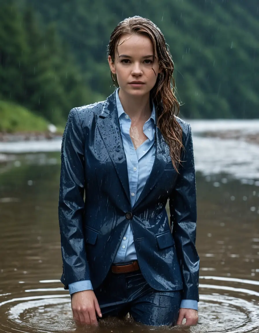 photo of young woman, in soaking wet, drenched clothes,
Dark Blue Business Trouser, Dark Blue Business Suit Jacket with light Blue button down long sleeve business Shirt, Clear deep Mountain Lake, heavy rain, 
enjoying, wet clothes stuck to body,
detailed textures of the wet clothes, wet face, wet plastered hair,
wet, drenched, professional, high-quality details, full body view.
sharp focus, ultra-high pixel detail, realistic, high-quality, full colors, incredibly detailed, 4k, 8k, 16k, hyper-realistic, RAW photo, masterpiece, ultra-detailed, professionally color graded, professional photograph, Danielle Panabaker, completely soaked, fully drenched, completely wet, wetlook, heavy rain, side parting, open hair, long hair, rain storm