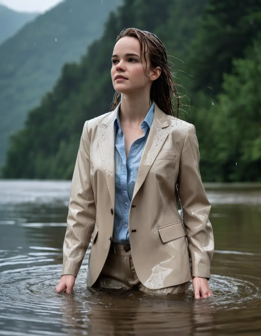 photo of young woman, in soaking wet, drenched clothes,
Beige Business Trouser, Beige Business Suit Jacket with light Blue button down long sleeve business Shirt, Clear deep Mountain Lake, heavy rain, 
enjoying, wet clothes stuck to body,
detailed textures of the wet clothes, wet face, wet plastered hair,
wet, drenched, professional, high-quality details, full body view.
sharp focus, ultra-high pixel detail, realistic, high-quality, full colors, incredibly detailed, 4k, 8k, 16k, hyper-realistic, RAW photo, masterpiece, ultra-detailed, professionally color graded, professional photograph, Danielle Panabaker, completely soaked, fully drenched, completely wet, wetlook, heavy rain, side parting, open hair, long hair, rain storm