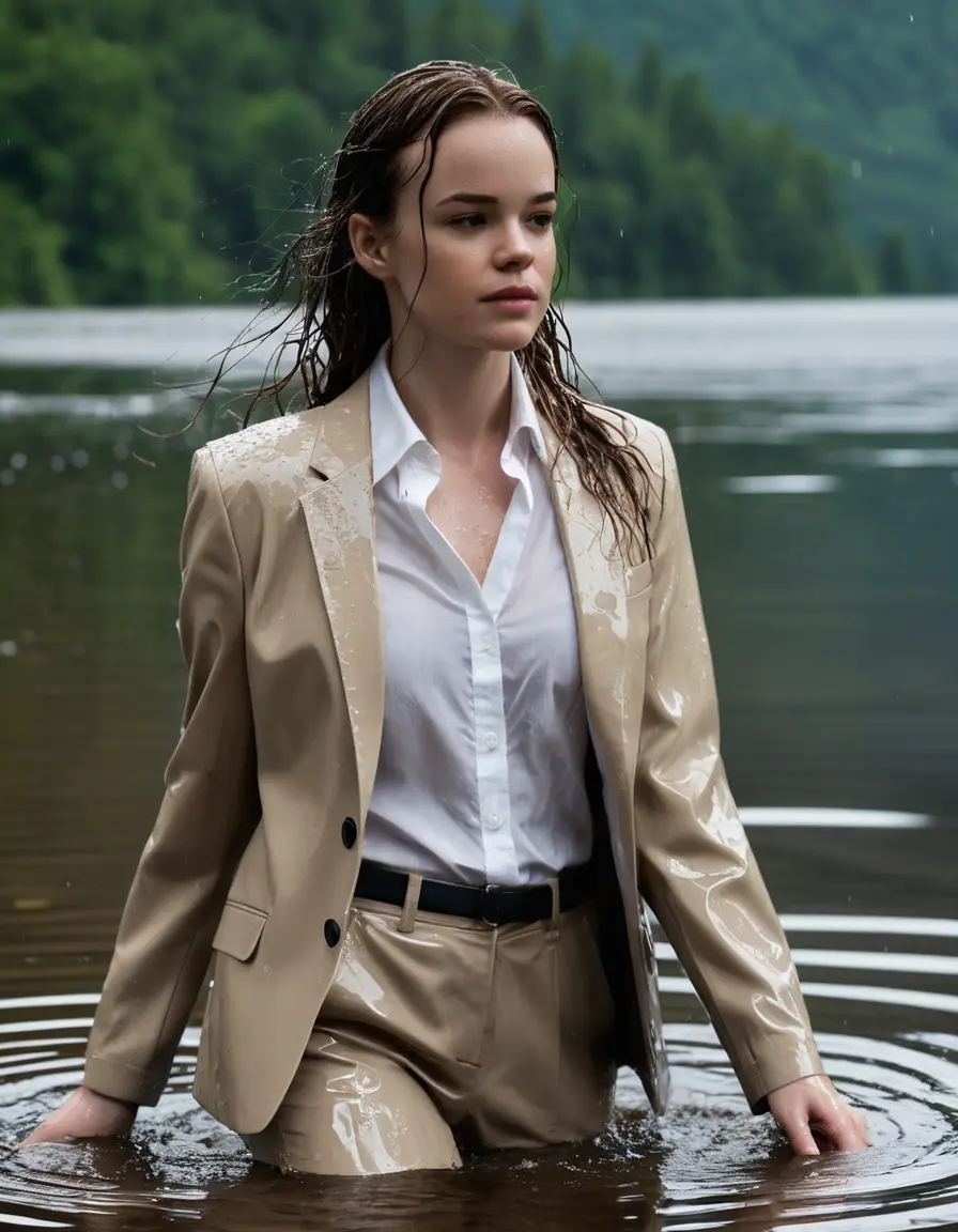 photo of young woman, in soaking wet, drenched clothes,
Beige Business Trouser, Beige Business Suit Jacket with white button down long sleeve business Shirt, Clear deep Mountain Lake, heavy rain, 
enjoying, wet clothes stuck to body,
detailed textures of the wet clothes, wet face, wet plastered hair,
wet, drenched, professional, high-quality details, full body view.
sharp focus, ultra-high pixel detail, realistic, high-quality, full colors, incredibly detailed, 4k, 8k, 16k, hyper-realistic, RAW photo, masterpiece, ultra-detailed, professionally color graded, professional photograph, Danielle Panabaker, completely soaked, fully drenched, completely wet, wetlook, heavy rain, side parting, open hair, long hair, rain storm