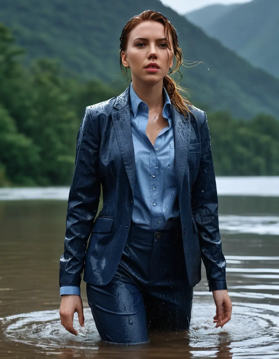 photo of young woman, in soaking wet, drenched clothes,
Dark Blue Business Trouser, Dark Blue Business Suit Jacket with Light Blue button down long sleeve business Shirt, Clear deep Mountain Lake, heavy rain, 
enjoying, wet clothes stuck to body,
detailed textures of the wet clothes, wet face, wet plastered hair,
wet, drenched, professional, high-quality details, full body view.
sharp focus, ultra-high pixel detail, realistic, high-quality, full colors, incredibly detailed, 4k, 8k, 16k, hyper-realistic, RAW photo, masterpiece, ultra-detailed, professionally color graded, professional photograph, Scarlett Johansson, completely soaked, fully drenched, completely wet, wetlook, heavy rain, side parting, open hair, long hair, rain storm