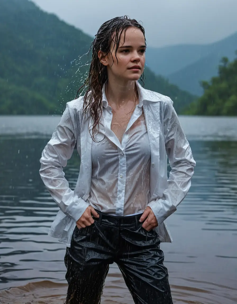 photo of young woman, in soaking wet, drenched clothes,
Black Business Trouser, Black Business Suit Jacket with white button down long sleeve business Shirt, Clear deep Mountain Lake, heavy rain, 
enjoying, wet clothes stuck to body,
detailed textures of the wet clothes, wet face, wet plastered hair,
wet, drenched, professional, high-quality details, full body view.
sharp focus, ultra-high pixel detail, realistic, high-quality, full colors, incredibly detailed, 4k, 8k, 16k, hyper-realistic, RAW photo, masterpiece, ultra-detailed, professionally color graded, professional photograph, Danielle Panabaker, completely soaked, fully drenched, completely wet, wetlook, heavy rain, side parting, open hair, long hair, rain storm
