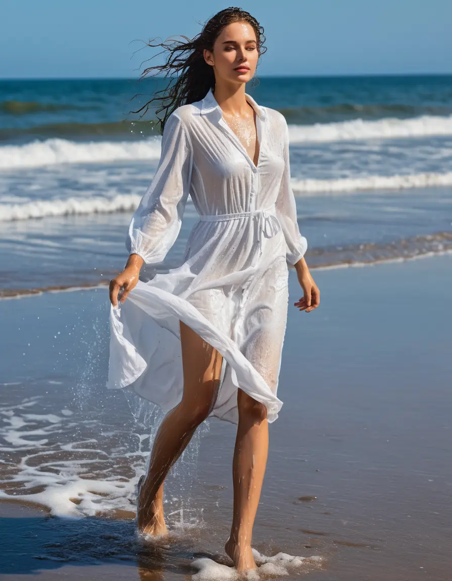 photo of young woman, in soaking wet, drenched clothes,
heels, white coton dress to the ground, white dress, beach, 
enjoying, wet clothes stuck to body,
detailed textures of the wet clothes, wet face, wet plastered hair,
wet, drenched, professional, high-quality details, full body view.
sharp focus, ultra-high pixel detail, realistic, high-quality, full colors, incredibly detailed, 4k, 8k, 16k, hyper-realistic, RAW photo, masterpiece, ultra-detailed, professionally color graded, professional photograph, Standing, clinching, no split