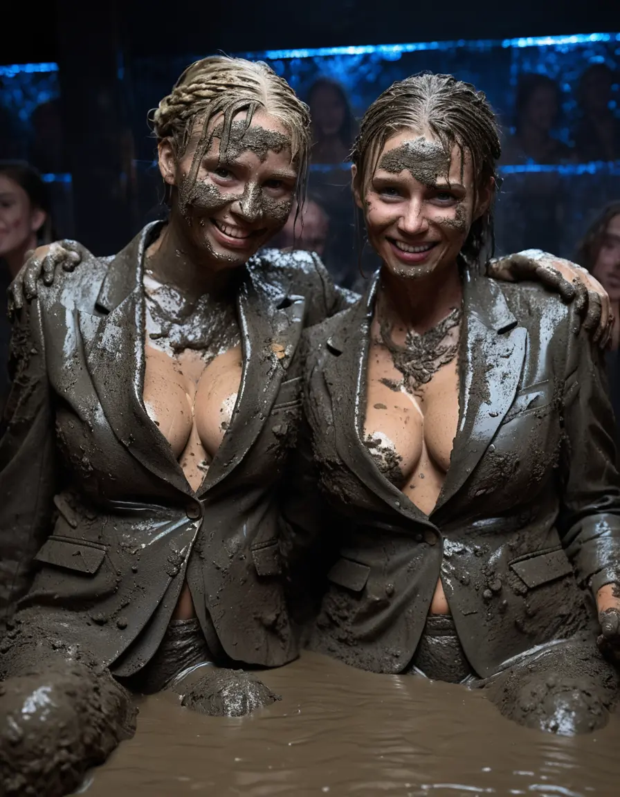 photo of young woman, in soaking wet, drenched clothes,
, , Completely ruined and discoloured black muddy fully-opened unbuttoned blazer like a fancy uniform over topless with super large heavy muddy boobs, Muddy party in a dark muddy club. Mud splashed walls with mud-flooded floor. Dark mood lighting with pink and blue neon lights., 
enjoying, wet clothes stuck to body,
detailed textures of the wet clothes, wet face, wet plastered hair,
wet, drenched, professional, high-quality details, full body view.
sharp focus, ultra-high pixel detail, realistic, high-quality, full colors, incredibly detailed, 4k, 8k, 16k, hyper-realistic, RAW photo, masterpiece, ultra-detailed, professionally color graded, professional photograph, Three elegant sixty years old skinny cute beautiful stunning blonde lesbian seductive tall business mature women sitting deep and kissing in the deep muddy hot tub which filled with liquid mud. They are proudly wearing their ruined open blazers and flaunting their huge muddy boobs and large muddy cleavages. They are leaned back pleasantly close to each other after a full dip in a mud-filled very deep hot tub like crazy mud creatures during the indoor muddy disco and they are wearing their ruined blazers while touching each others boobs. Only the shoulders are above the mud level, and their boobs, their waist and legs are fully submerged under the mud. Their legs don't visible on the pictire. Their expensive formal clothes are filled with mud and their boobs are totally mud-covered. Total muddy appearance and full mud coverage. The classy elegant club is totally destroyed by mud, deep liquid mud on the floor, mud spots everywhere, mud flows down on the walls and mud on the furnitures with elegant clubbing muddy people in the background. Stylish braided very long hairstyle, muddy braided hair, smiling mudy faces, realistic blue eyes. The women enjoying carefree to be muddy, be dirty and be naughty while they are enjoying the muddy fetish party. Realistic boobs, realistic huge saggy boobs and nipples and photorealistic detailed happy and satisfied facial expressions. Intimate close-up picture about the old women from above. Close-up photo, highly realistic representation, ultra sharp focus, highly photorealistic detailed textures, highly photorealistic detailed facial features and expressions, highly photorealistic hands, highly emotional reactions, highly best quality, highly sharp photorealistic image, highly photorealistic details, full UHD resolution, 32 K, very high level of detail and image sharpness, zoomed in