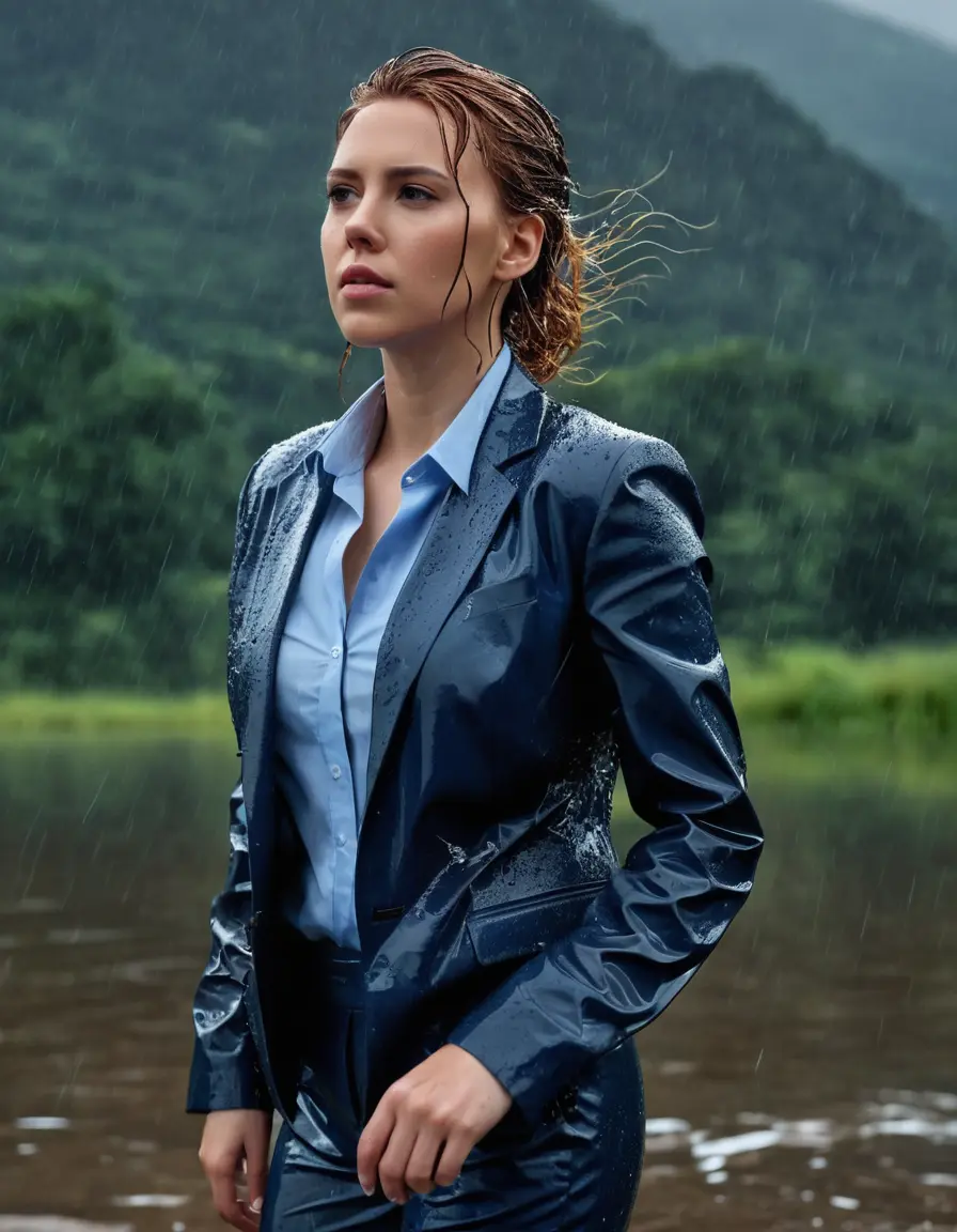photo of young woman, in soaking wet, drenched clothes,
Dark Blue Business Trouser, Dark Blue Business Suit Jacket with Light Blue button down long sleeve business Shirt, Clear deep Mountain Lake, heavy rain, 
enjoying, wet clothes stuck to body,
detailed textures of the wet clothes, wet face, wet plastered hair,
wet, drenched, professional, high-quality details, full body view.
sharp focus, ultra-high pixel detail, realistic, high-quality, full colors, incredibly detailed, 4k, 8k, 16k, hyper-realistic, RAW photo, masterpiece, ultra-detailed, professionally color graded, professional photograph, Scarlett Johansson, completely soaked, fully drenched, completely wet, wetlook, heavy rain, side parting, open hair, long hair, rain storm