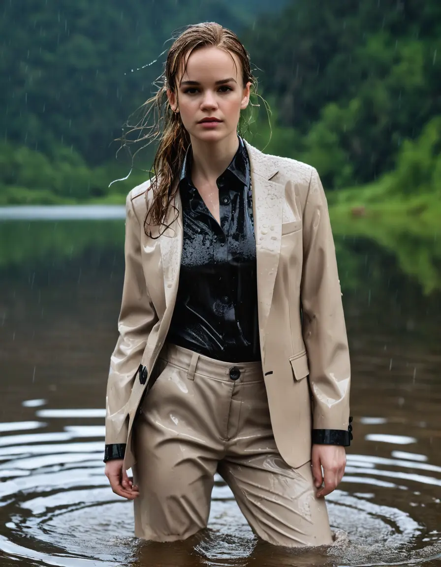 photo of young woman, in soaking wet, drenched clothes,
Beige Business Trouser, Beige Business Suit Jacket with Black button down long sleeve business Shirt, Clear deep Mountain Lake, heavy rain, 
enjoying, wet clothes stuck to body,
detailed textures of the wet clothes, wet face, wet plastered hair,
wet, drenched, professional, high-quality details, full body view.
sharp focus, ultra-high pixel detail, realistic, high-quality, full colors, incredibly detailed, 4k, 8k, 16k, hyper-realistic, RAW photo, masterpiece, ultra-detailed, professionally color graded, professional photograph, Danielle Panabaker, completely soaked, fully drenched, completely wet, wetlook, heavy rain, side parting, open hair, long hair, rain storm