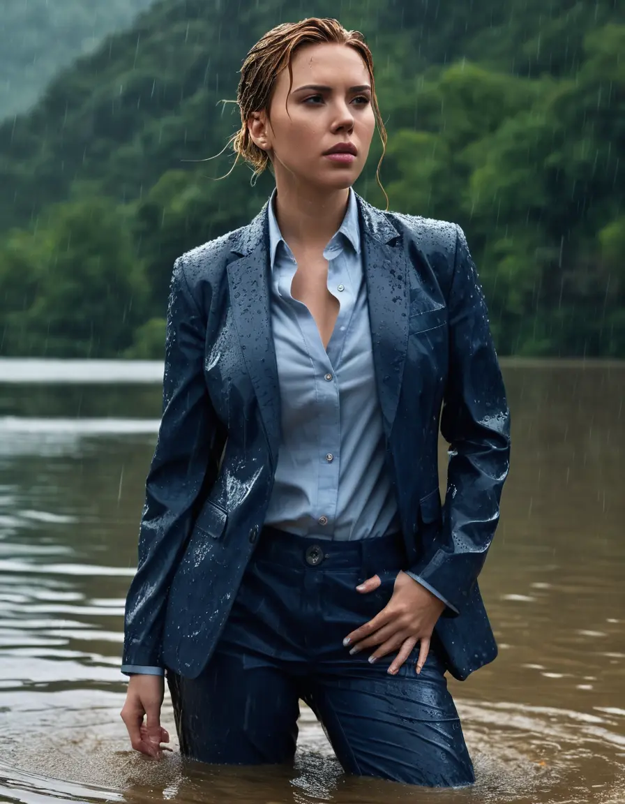 photo of young woman, in soaking wet, drenched clothes,
Dark Blue Business Trouser, Dark Blue Business Suit Jacket with Light Blue button down long sleeve business Shirt, Clear deep Mountain Lake, heavy rain, 
enjoying, wet clothes stuck to body,
detailed textures of the wet clothes, wet face, wet plastered hair,
wet, drenched, professional, high-quality details, full body view.
sharp focus, ultra-high pixel detail, realistic, high-quality, full colors, incredibly detailed, 4k, 8k, 16k, hyper-realistic, RAW photo, masterpiece, ultra-detailed, professionally color graded, professional photograph, Scarlett Johansson, completely soaked, fully drenched, completely wet, wetlook, heavy rain, side parting, open hair, long hair, rain storm