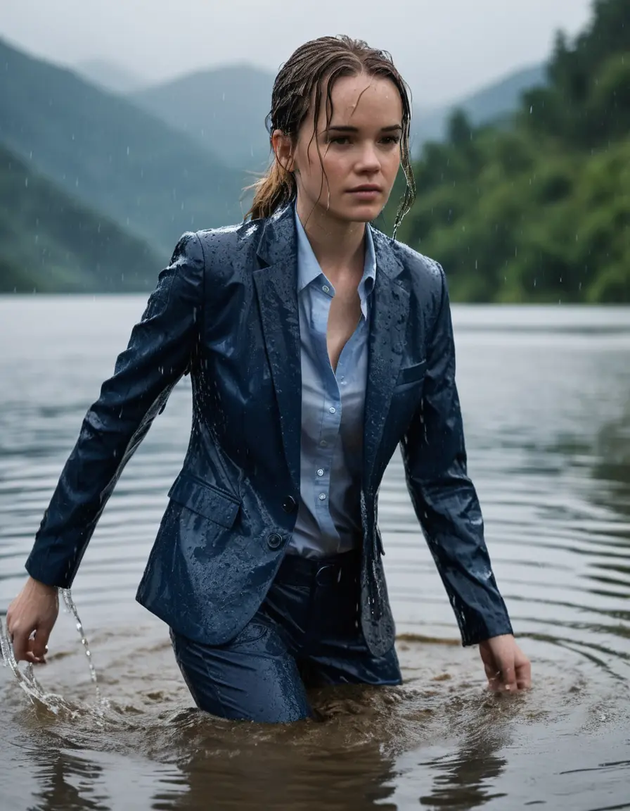 photo of young woman, in soaking wet, drenched clothes,
Dark Blue Business Trouser, Dark Blue Business Suit Jacket with light Blue button down long sleeve business Shirt, Clear deep Mountain Lake, heavy rain, 
enjoying, wet clothes stuck to body,
detailed textures of the wet clothes, wet face, wet plastered hair,
wet, drenched, professional, high-quality details, full body view.
sharp focus, ultra-high pixel detail, realistic, high-quality, full colors, incredibly detailed, 4k, 8k, 16k, hyper-realistic, RAW photo, masterpiece, ultra-detailed, professionally color graded, professional photograph, Danielle Panabaker, completely soaked, fully drenched, completely wet, wetlook, heavy rain, side parting, open hair, long hair, rain storm