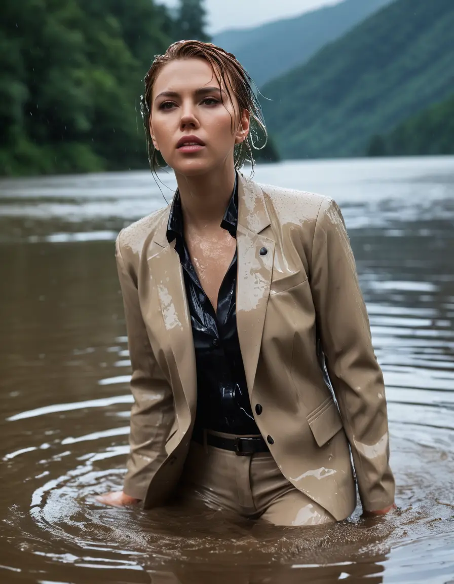 photo of young woman, in soaking wet, drenched clothes,
Beige Business Trouser, Beige Business Suit Jacket with Black button down long sleeve business Shirt, Clear deep Mountain Lake, heavy rain, 
enjoying, wet clothes stuck to body,
detailed textures of the wet clothes, wet face, wet plastered hair,
wet, drenched, professional, high-quality details, full body view.
sharp focus, ultra-high pixel detail, realistic, high-quality, full colors, incredibly detailed, 4k, 8k, 16k, hyper-realistic, RAW photo, masterpiece, ultra-detailed, professionally color graded, professional photograph, Scarlett Johansson, completely soaked, fully drenched, completely wet, wetlook, heavy rain, side parting, open hair, long hair, rain storm