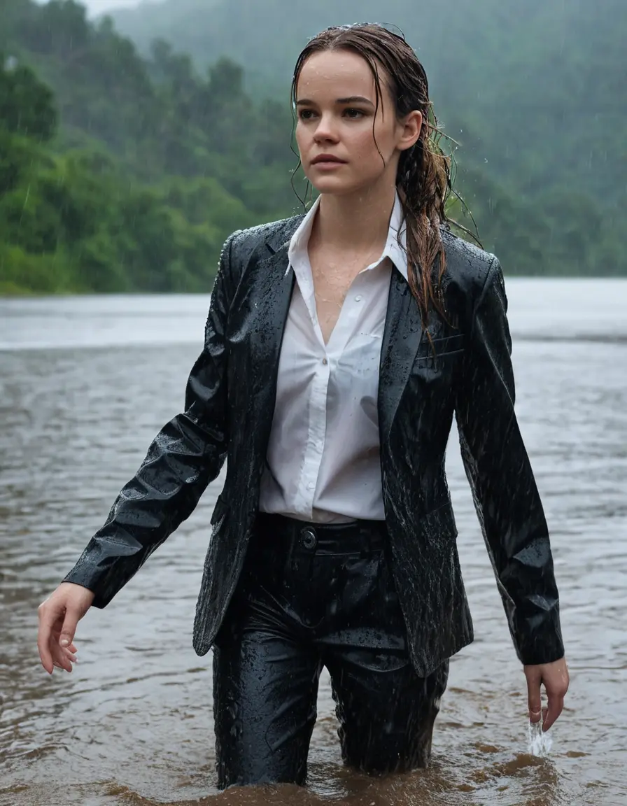 photo of young woman, in soaking wet, drenched clothes,
Black Business Trouser, Black Business Suit Jacket with white button down long sleeve business Shirt, Clear deep Mountain Lake, heavy rain, 
enjoying, wet clothes stuck to body,
detailed textures of the wet clothes, wet face, wet plastered hair,
wet, drenched, professional, high-quality details, full body view.
sharp focus, ultra-high pixel detail, realistic, high-quality, full colors, incredibly detailed, 4k, 8k, 16k, hyper-realistic, RAW photo, masterpiece, ultra-detailed, professionally color graded, professional photograph, Danielle Panabaker, completely soaked, fully drenched, completely wet, wetlook, heavy rain, side parting, open hair, long hair, rain storm