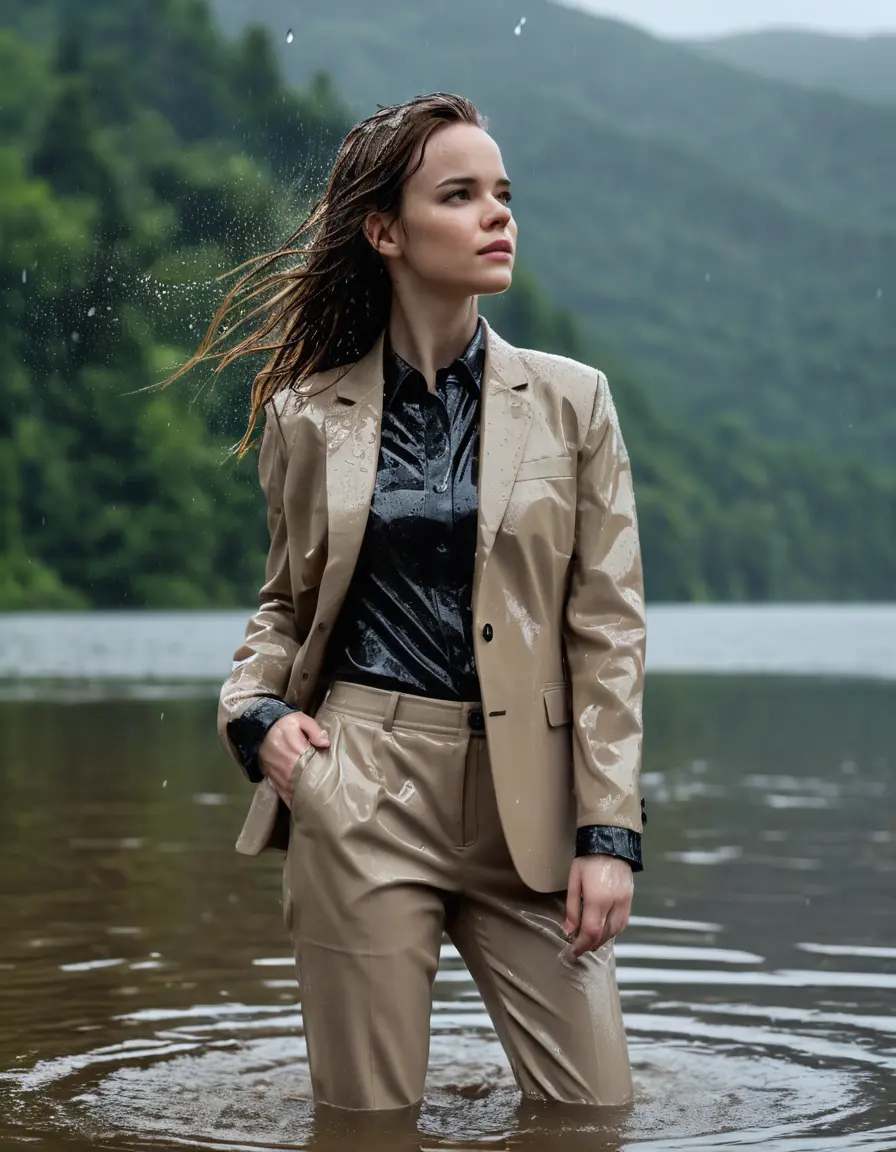 photo of young woman, in soaking wet, drenched clothes,
Beige Business Trouser, Beige Business Suit Jacket with Black button down long sleeve business Shirt, Clear deep Mountain Lake, heavy rain, 
enjoying, wet clothes stuck to body,
detailed textures of the wet clothes, wet face, wet plastered hair,
wet, drenched, professional, high-quality details, full body view.
sharp focus, ultra-high pixel detail, realistic, high-quality, full colors, incredibly detailed, 4k, 8k, 16k, hyper-realistic, RAW photo, masterpiece, ultra-detailed, professionally color graded, professional photograph, Danielle Panabaker, completely soaked, fully drenched, completely wet, wetlook, heavy rain, side parting, open hair, long hair, rain storm