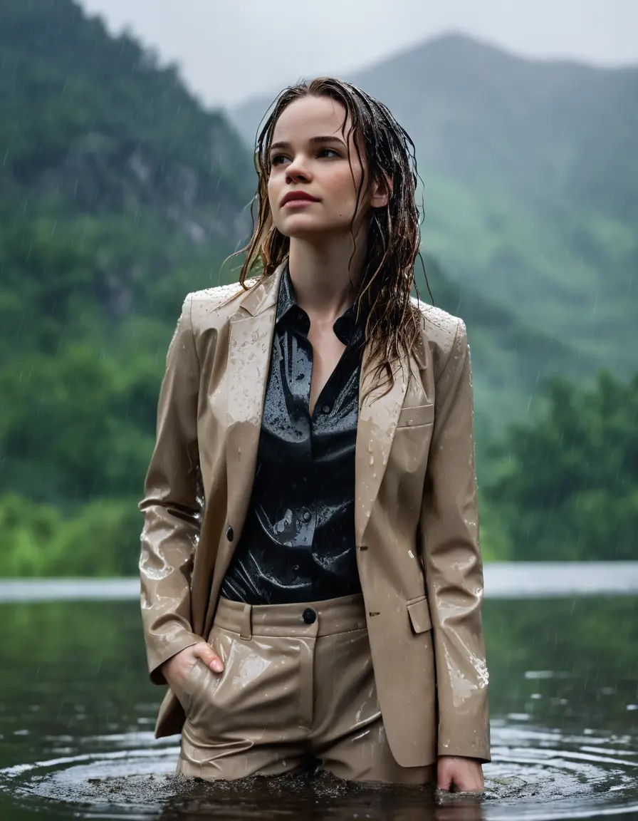 photo of young woman, in soaking wet, drenched clothes,
Beige Business Trouser, Beige Business Suit Jacket with Black button down long sleeve business Shirt, Clear deep Mountain Lake, heavy rain, 
enjoying, wet clothes stuck to body,
detailed textures of the wet clothes, wet face, wet plastered hair,
wet, drenched, professional, high-quality details, full body view.
sharp focus, ultra-high pixel detail, realistic, high-quality, full colors, incredibly detailed, 4k, 8k, 16k, hyper-realistic, RAW photo, masterpiece, ultra-detailed, professionally color graded, professional photograph, Danielle Panabaker, completely soaked, fully drenched, completely wet, wetlook, heavy rain, side parting, open hair, long hair, rain storm
