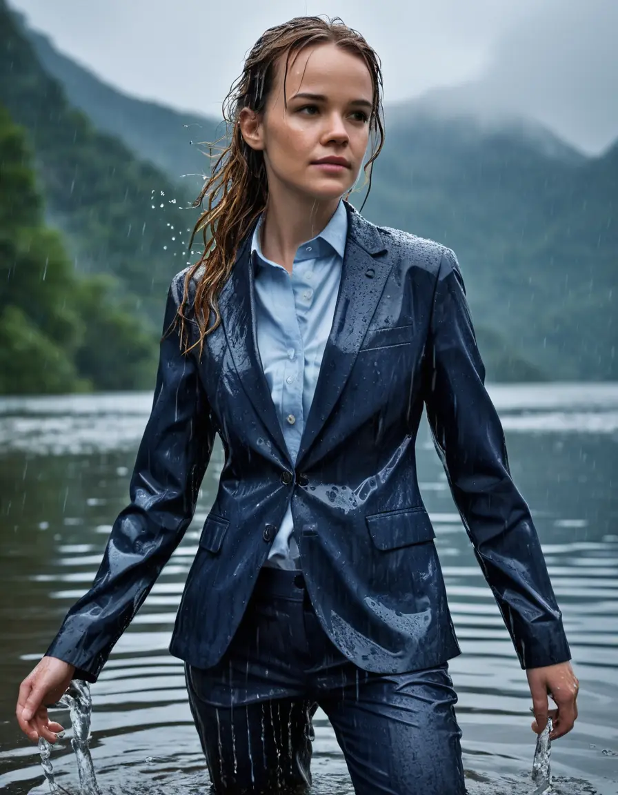 photo of young woman, in soaking wet, drenched clothes,
Dark Blue Business Trouser, Dark Blue Business Suit Jacket with light Blue button down long sleeve business Shirt, Clear deep Mountain Lake, heavy rain, 
enjoying, wet clothes stuck to body,
detailed textures of the wet clothes, wet face, wet plastered hair,
wet, drenched, professional, high-quality details, full body view.
sharp focus, ultra-high pixel detail, realistic, high-quality, full colors, incredibly detailed, 4k, 8k, 16k, hyper-realistic, RAW photo, masterpiece, ultra-detailed, professionally color graded, professional photograph, Danielle Panabaker, completely soaked, fully drenched, completely wet, wetlook, heavy rain, side parting, open hair, long hair, rain storm