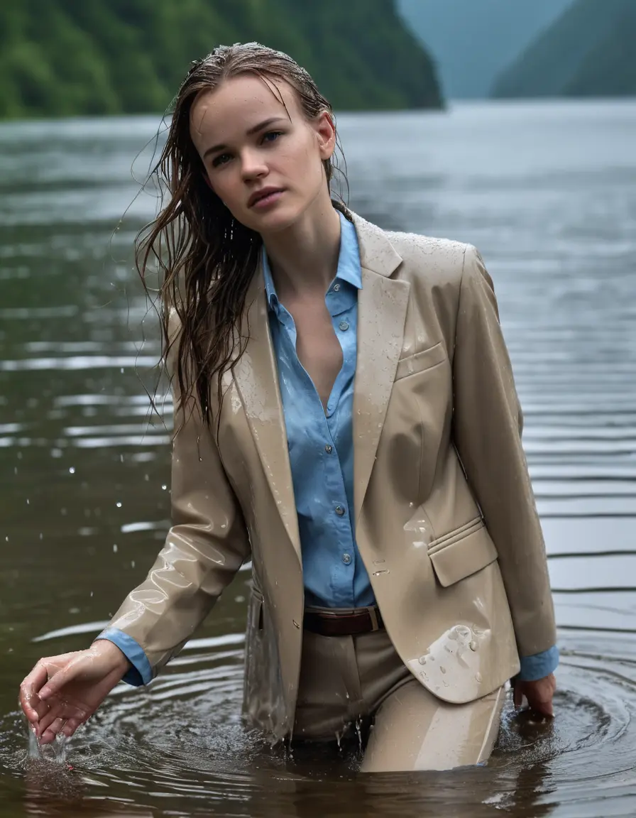photo of young woman, in soaking wet, drenched clothes,
Beige Business Trouser, Beige Business Suit Jacket with light Blue button down long sleeve business Shirt, Clear deep Mountain Lake, heavy rain, 
enjoying, wet clothes stuck to body,
detailed textures of the wet clothes, wet face, wet plastered hair,
wet, drenched, professional, high-quality details, full body view.
sharp focus, ultra-high pixel detail, realistic, high-quality, full colors, incredibly detailed, 4k, 8k, 16k, hyper-realistic, RAW photo, masterpiece, ultra-detailed, professionally color graded, professional photograph, Danielle Panabaker, completely soaked, fully drenched, completely wet, wetlook, heavy rain, side parting, open hair, long hair, rain storm