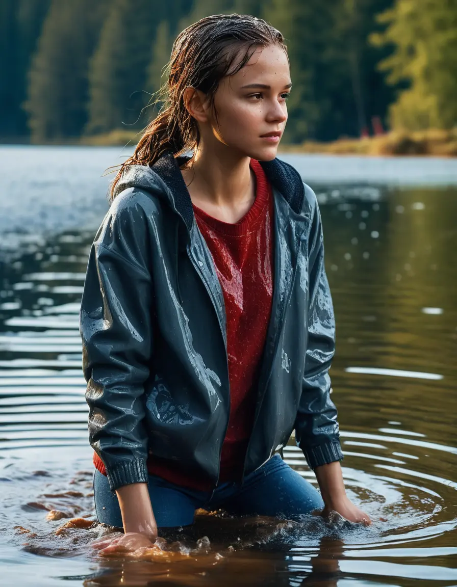 photo of young woman, in soaking wet, drenched clothes,
sneekers, jeans, sweater red, lake, 
enjoying, wet clothes stuck to body,
detailed textures of the wet clothes, wet face, wet plastered hair,
wet, drenched, professional, high-quality details, full body view.
sharp focus, ultra-high pixel detail, realistic, high-quality, full colors, incredibly detailed, 4k, 8k, 16k, hyper-realistic, RAW photo, masterpiece, ultra-detailed, professionally color graded, professional photograph