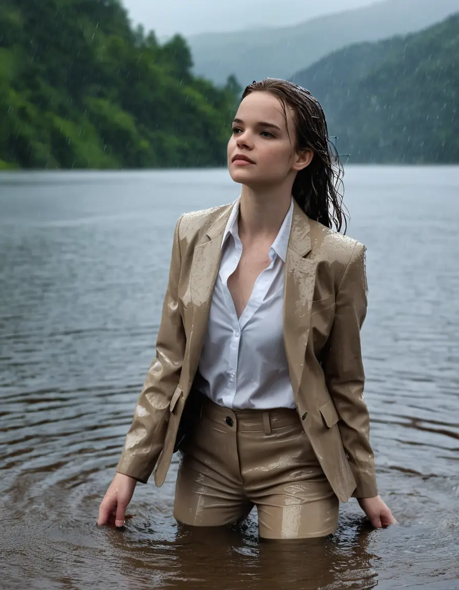photo of young woman, in soaking wet, drenched clothes,
Beige Business Trouser, Beige Business Suit Jacket with Black button down long sleeve business Shirt, Clear deep Mountain Lake, heavy rain, 
enjoying, wet clothes stuck to body,
detailed textures of the wet clothes, wet face, wet plastered hair,
wet, drenched, professional, high-quality details, full body view.
sharp focus, ultra-high pixel detail, realistic, high-quality, full colors, incredibly detailed, 4k, 8k, 16k, hyper-realistic, RAW photo, masterpiece, ultra-detailed, professionally color graded, professional photograph, Danielle Panabaker, completely soaked, fully drenched, completely wet, wetlook, heavy rain, side parting, open hair, long hair, rain storm