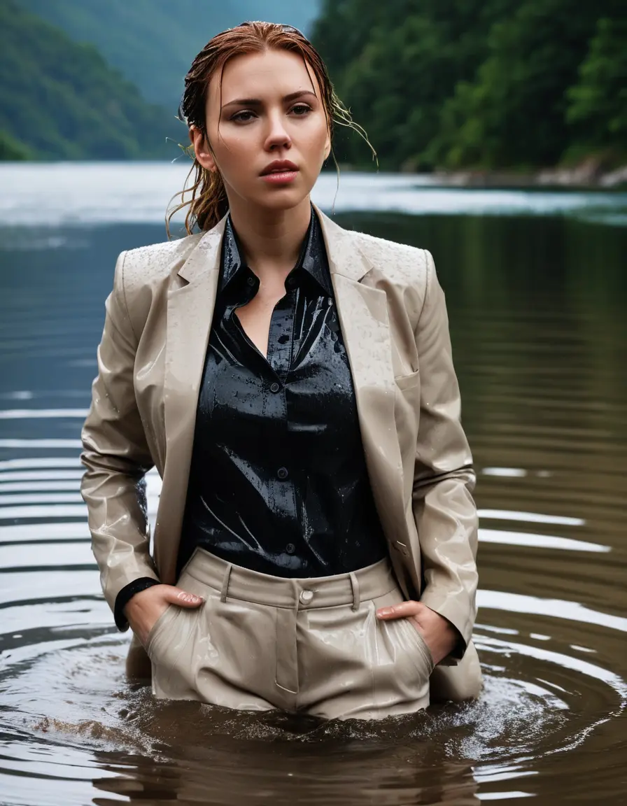 photo of young woman, in soaking wet, drenched clothes,
Beige Business Trouser, Beige Business Suit Jacket with Black button down long sleeve business Shirt, Clear deep Mountain Lake, heavy rain, 
enjoying, wet clothes stuck to body,
detailed textures of the wet clothes, wet face, wet plastered hair,
wet, drenched, professional, high-quality details, full body view.
sharp focus, ultra-high pixel detail, realistic, high-quality, full colors, incredibly detailed, 4k, 8k, 16k, hyper-realistic, RAW photo, masterpiece, ultra-detailed, professionally color graded, professional photograph, Scarlett Johansson, completely soaked, fully drenched, completely wet, wetlook, heavy rain, side parting, open hair, long hair, rain storm