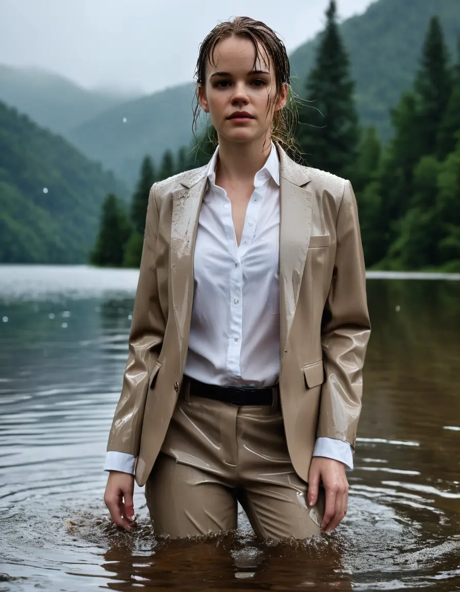 photo of young woman, in soaking wet, drenched clothes,
Beige Business Trouser, Beige Business Suit Jacket with white button down long sleeve business Shirt, Clear deep Mountain Lake, heavy rain, 
enjoying, wet clothes stuck to body,
detailed textures of the wet clothes, wet face, wet plastered hair,
wet, drenched, professional, high-quality details, full body view.
sharp focus, ultra-high pixel detail, realistic, high-quality, full colors, incredibly detailed, 4k, 8k, 16k, hyper-realistic, RAW photo, masterpiece, ultra-detailed, professionally color graded, professional photograph, Danielle Panabaker, completely soaked, fully drenched, completely wet, wetlook, heavy rain, side parting, open hair, long hair, rain storm