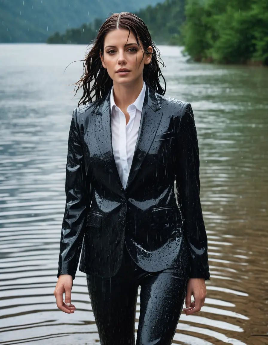 photo of young woman, in soaking wet, drenched clothes,
Black Business Trouser, Black Business Suit Jacket with white button down long sleeve business Shirt, Clear deep Mountain Lake, heavy rain, 
enjoying, wet clothes stuck to body,
detailed textures of the wet clothes, wet face, wet plastered hair,
wet, drenched, professional, high-quality details, full body view.
sharp focus, ultra-high pixel detail, realistic, high-quality, full colors, incredibly detailed, 4k, 8k, 16k, hyper-realistic, RAW photo, masterpiece, ultra-detailed, professionally color graded, professional photograph, Ashley Greene, completely soaked, fully drenched, completely wet, wetlook, heavy rain, side parting, open hair, long hair, rain storm