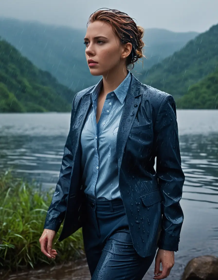 photo of young woman, in soaking wet, drenched clothes,
Dark Blue Business Trouser, Dark Blue Business Suit Jacket with Light Blue button down long sleeve business Shirt, Clear deep Mountain Lake, heavy rain, 
enjoying, wet clothes stuck to body,
detailed textures of the wet clothes, wet face, wet plastered hair,
wet, drenched, professional, high-quality details, full body view.
sharp focus, ultra-high pixel detail, realistic, high-quality, full colors, incredibly detailed, 4k, 8k, 16k, hyper-realistic, RAW photo, masterpiece, ultra-detailed, professionally color graded, professional photograph, Scarlett Johansson, completely soaked, fully drenched, completely wet, wetlook, heavy rain, side parting, open hair, long hair, rain storm