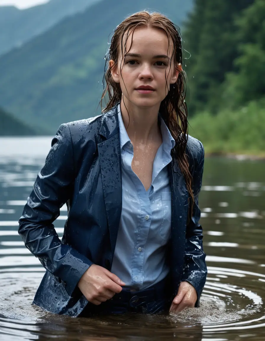photo of young woman, in soaking wet, drenched clothes,
Dark Blue Business Trouser, Dark Blue Business Suit Jacket with light Blue button down long sleeve business Shirt, Clear deep Mountain Lake, heavy rain, 
enjoying, wet clothes stuck to body,
detailed textures of the wet clothes, wet face, wet plastered hair,
wet, drenched, professional, high-quality details, full body view.
sharp focus, ultra-high pixel detail, realistic, high-quality, full colors, incredibly detailed, 4k, 8k, 16k, hyper-realistic, RAW photo, masterpiece, ultra-detailed, professionally color graded, professional photograph, Danielle Panabaker, completely soaked, fully drenched, completely wet, wetlook, heavy rain, side parting, open hair, long hair, rain storm