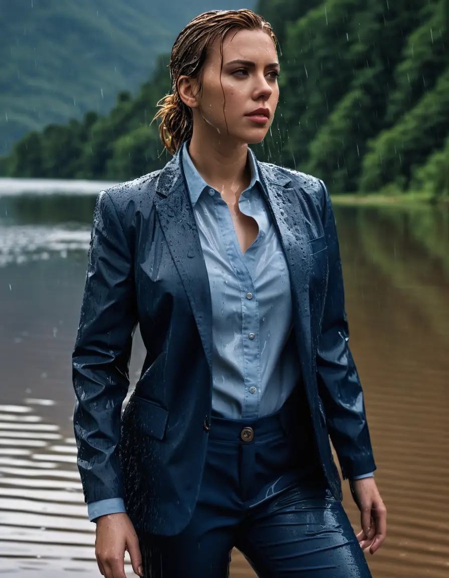 photo of young woman, in soaking wet, drenched clothes,
Dark Blue Business Trouser, Dark Blue Business Suit Jacket with Light Blue button down long sleeve business Shirt, Clear deep Mountain Lake, heavy rain, 
enjoying, wet clothes stuck to body,
detailed textures of the wet clothes, wet face, wet plastered hair,
wet, drenched, professional, high-quality details, full body view.
sharp focus, ultra-high pixel detail, realistic, high-quality, full colors, incredibly detailed, 4k, 8k, 16k, hyper-realistic, RAW photo, masterpiece, ultra-detailed, professionally color graded, professional photograph, Scarlett Johansson, completely soaked, fully drenched, completely wet, wetlook, heavy rain, side parting, open hair, long hair, rain storm