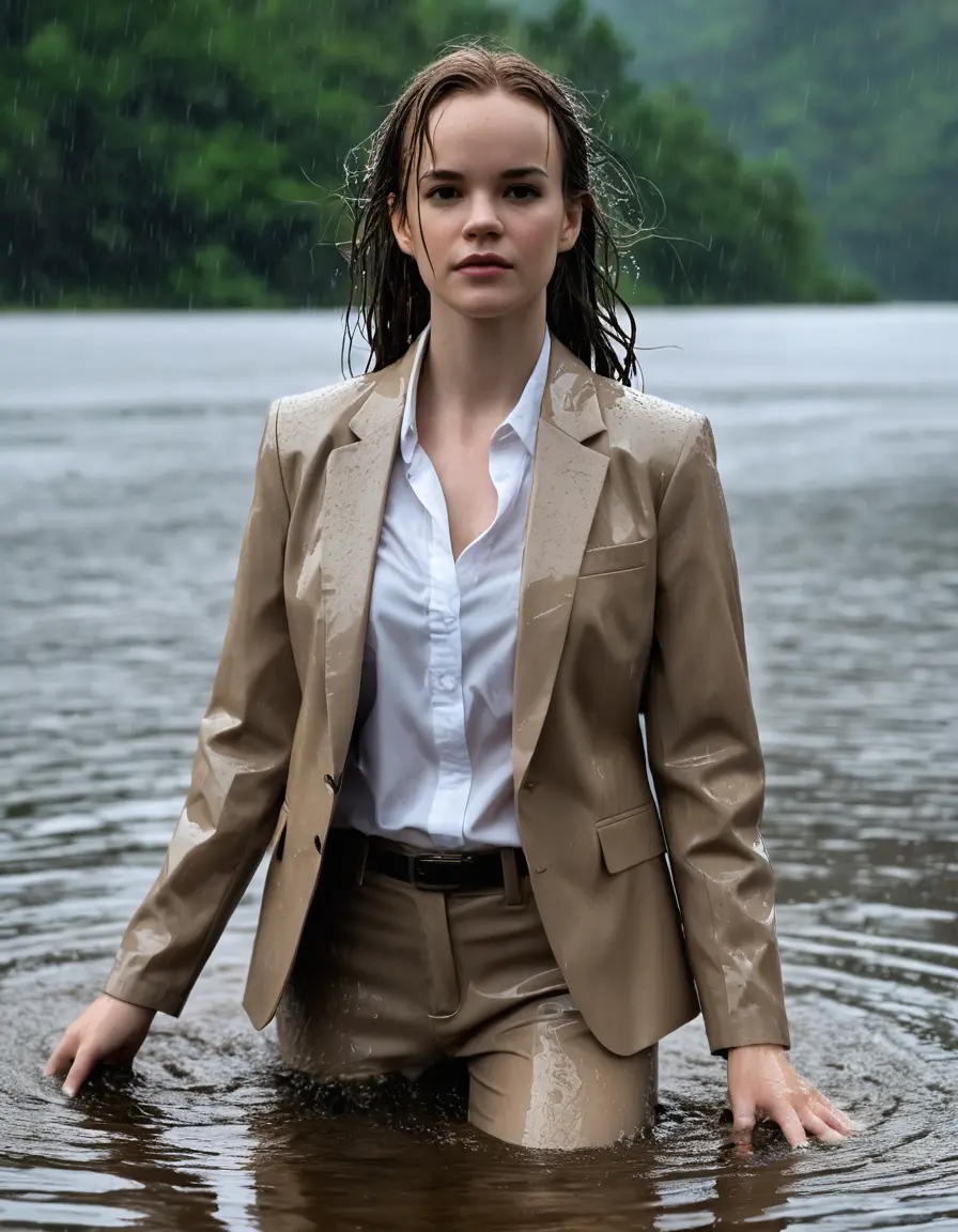 photo of young woman, in soaking wet, drenched clothes,
Beige Business Trouser, Beige Business Suit Jacket with white button down long sleeve business Shirt, Clear deep Mountain Lake, heavy rain, 
enjoying, wet clothes stuck to body,
detailed textures of the wet clothes, wet face, wet plastered hair,
wet, drenched, professional, high-quality details, full body view.
sharp focus, ultra-high pixel detail, realistic, high-quality, full colors, incredibly detailed, 4k, 8k, 16k, hyper-realistic, RAW photo, masterpiece, ultra-detailed, professionally color graded, professional photograph, Danielle Panabaker, completely soaked, fully drenched, completely wet, wetlook, heavy rain, side parting, open hair, long hair, rain storm