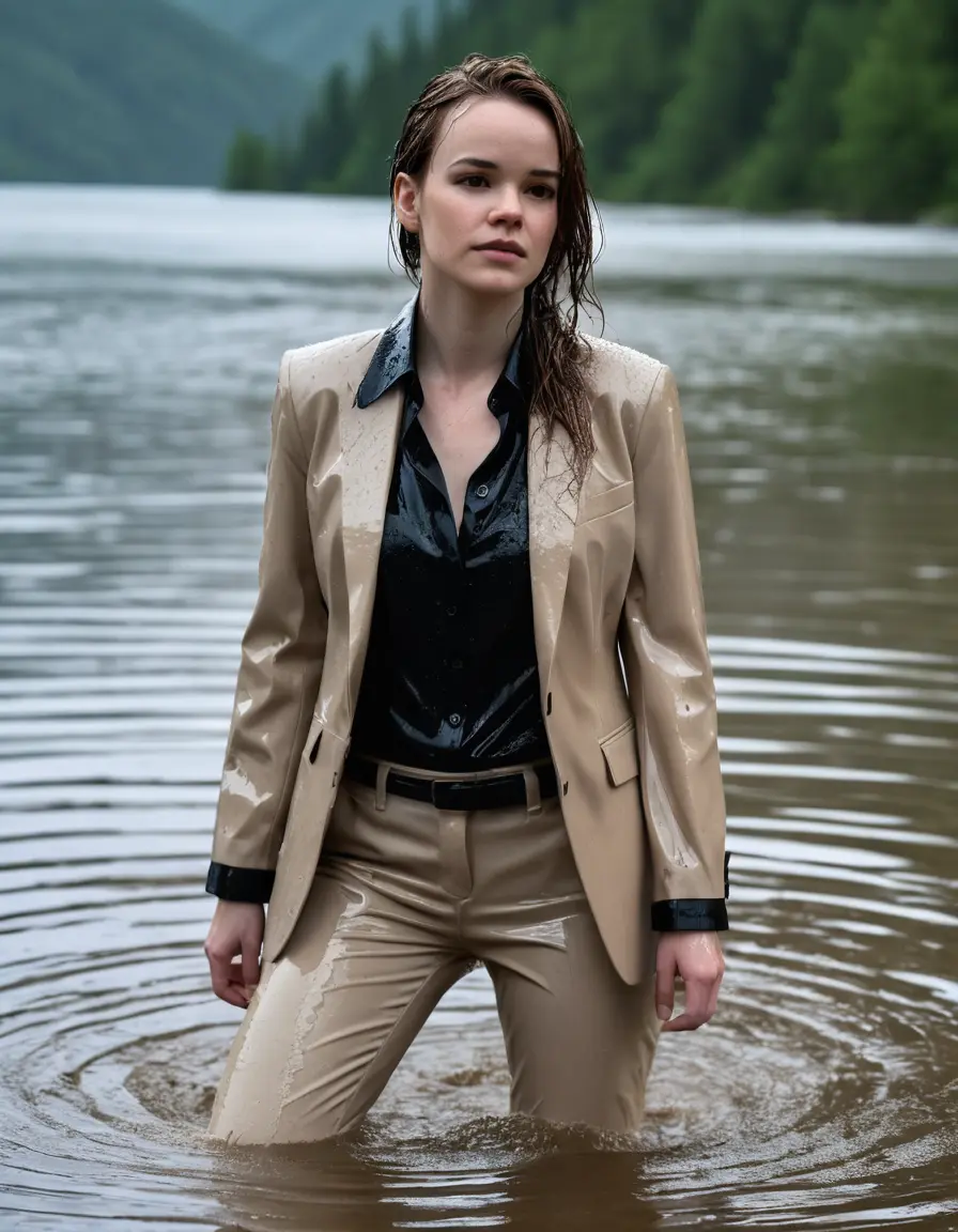 photo of young woman, in soaking wet, drenched clothes,
Beige Business Trouser, Beige Business Suit Jacket with Black button down long sleeve business Shirt, Clear deep Mountain Lake, heavy rain, 
enjoying, wet clothes stuck to body,
detailed textures of the wet clothes, wet face, wet plastered hair,
wet, drenched, professional, high-quality details, full body view.
sharp focus, ultra-high pixel detail, realistic, high-quality, full colors, incredibly detailed, 4k, 8k, 16k, hyper-realistic, RAW photo, masterpiece, ultra-detailed, professionally color graded, professional photograph, Danielle Panabaker, completely soaked, fully drenched, completely wet, wetlook, heavy rain, side parting, open hair, long hair, rain storm