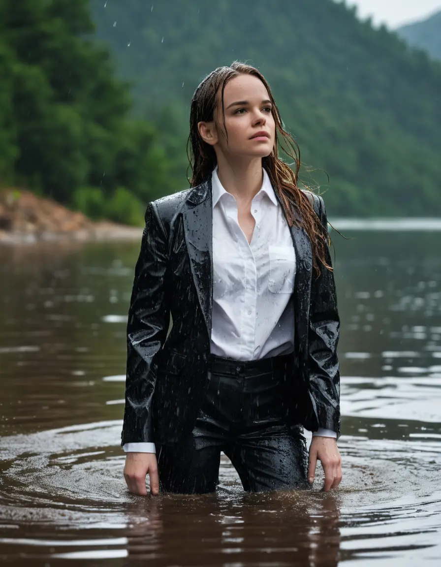 photo of young woman, in soaking wet, drenched clothes,
Black Business Trouser, Black Business Suit Jacket with white button down long sleeve business Shirt, Clear deep Mountain Lake, heavy rain, 
enjoying, wet clothes stuck to body,
detailed textures of the wet clothes, wet face, wet plastered hair,
wet, drenched, professional, high-quality details, full body view.
sharp focus, ultra-high pixel detail, realistic, high-quality, full colors, incredibly detailed, 4k, 8k, 16k, hyper-realistic, RAW photo, masterpiece, ultra-detailed, professionally color graded, professional photograph, Danielle Panabaker, completely soaked, fully drenched, completely wet, wetlook, heavy rain, side parting, open hair, long hair, rain storm