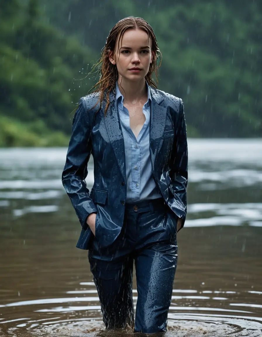 photo of young woman, in soaking wet, drenched clothes,
Dark Blue Business Trouser, Dark Blue Business Suit Jacket with light Blue button down long sleeve business Shirt, Clear deep Mountain Lake, heavy rain, 
enjoying, wet clothes stuck to body,
detailed textures of the wet clothes, wet face, wet plastered hair,
wet, drenched, professional, high-quality details, full body view.
sharp focus, ultra-high pixel detail, realistic, high-quality, full colors, incredibly detailed, 4k, 8k, 16k, hyper-realistic, RAW photo, masterpiece, ultra-detailed, professionally color graded, professional photograph, Danielle Panabaker, completely soaked, fully drenched, completely wet, wetlook, heavy rain, side parting, open hair, long hair, rain storm