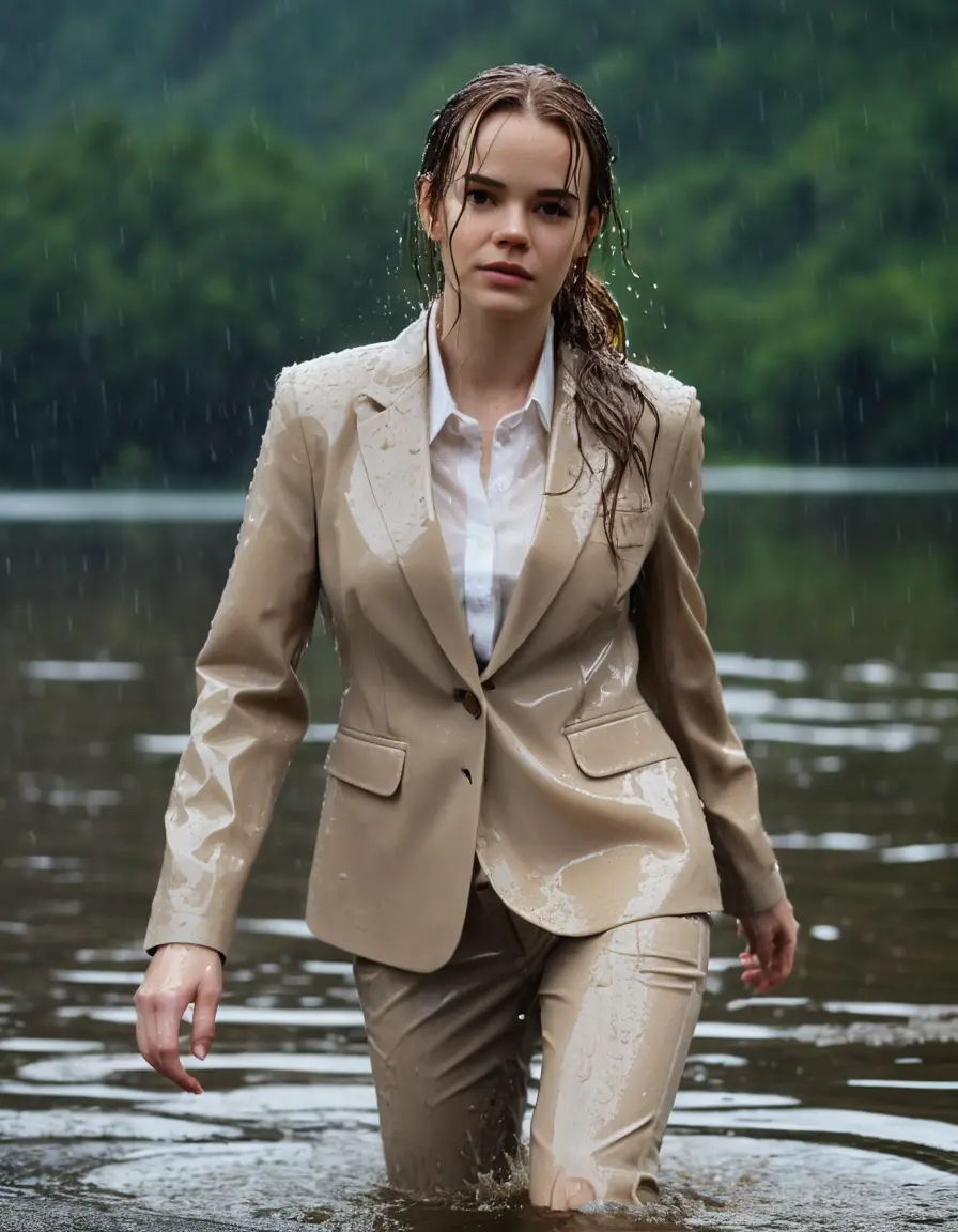 photo of young woman, in soaking wet, drenched clothes,
Beige Business Trouser, Beige Business Suit Jacket with white button down long sleeve business Shirt, Clear deep Mountain Lake, heavy rain, 
enjoying, wet clothes stuck to body,
detailed textures of the wet clothes, wet face, wet plastered hair,
wet, drenched, professional, high-quality details, full body view.
sharp focus, ultra-high pixel detail, realistic, high-quality, full colors, incredibly detailed, 4k, 8k, 16k, hyper-realistic, RAW photo, masterpiece, ultra-detailed, professionally color graded, professional photograph, Danielle Panabaker, completely soaked, fully drenched, completely wet, wetlook, heavy rain, side parting, open hair, long hair, rain storm