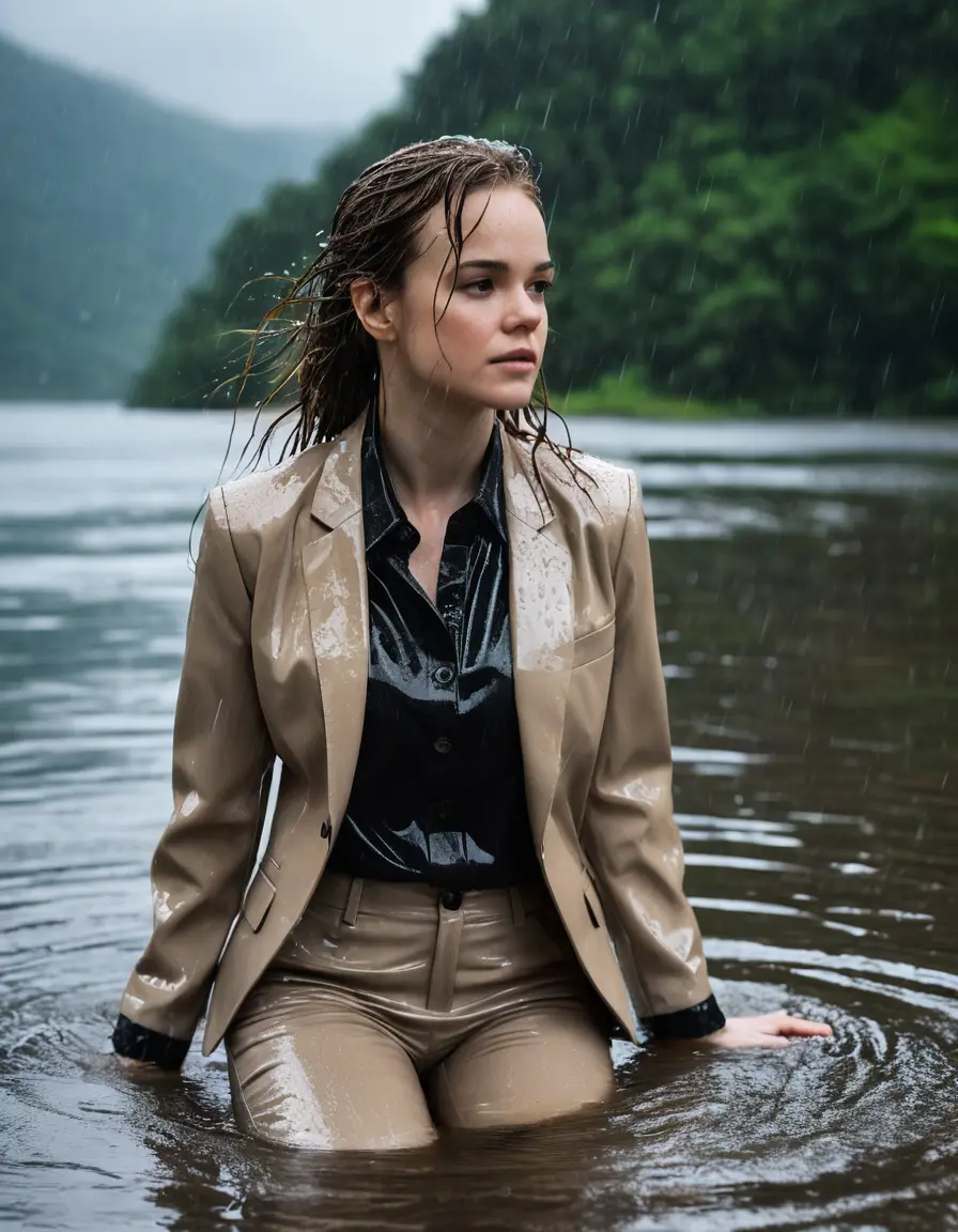 photo of young woman, in soaking wet, drenched clothes,
Beige Business Trouser, Beige Business Suit Jacket with Black button down long sleeve business Shirt, Clear deep Mountain Lake, heavy rain, 
enjoying, wet clothes stuck to body,
detailed textures of the wet clothes, wet face, wet plastered hair,
wet, drenched, professional, high-quality details, full body view.
sharp focus, ultra-high pixel detail, realistic, high-quality, full colors, incredibly detailed, 4k, 8k, 16k, hyper-realistic, RAW photo, masterpiece, ultra-detailed, professionally color graded, professional photograph, Danielle Panabaker, completely soaked, fully drenched, completely wet, wetlook, heavy rain, side parting, open hair, long hair, rain storm