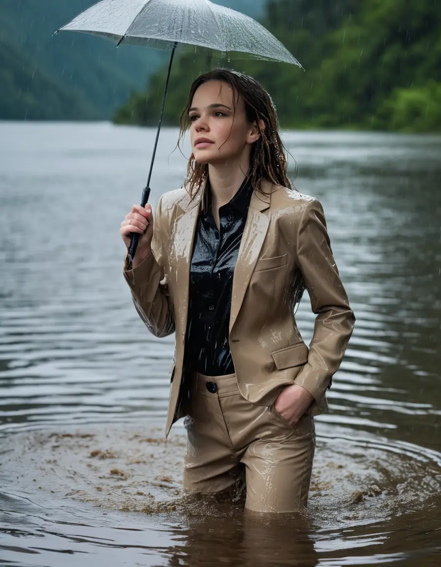 photo of young woman, in soaking wet, drenched clothes,
Beige Business Trouser, Beige Business Suit Jacket with Black button down long sleeve business Shirt, Clear deep Mountain Lake, heavy rain, 
enjoying, wet clothes stuck to body,
detailed textures of the wet clothes, wet face, wet plastered hair,
wet, drenched, professional, high-quality details, full body view.
sharp focus, ultra-high pixel detail, realistic, high-quality, full colors, incredibly detailed, 4k, 8k, 16k, hyper-realistic, RAW photo, masterpiece, ultra-detailed, professionally color graded, professional photograph, Danielle Panabaker, completely soaked, fully drenched, completely wet, wetlook, heavy rain, side parting, open hair, long hair, rain storm
